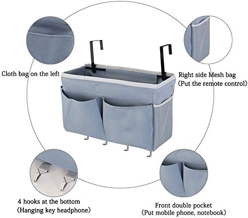 Multi-Functional Bedside Caddy Organizer with 4 Hooks - Hanging Storage Bag for Headboards, Bunk Beds & Hospital Beds | Perfect for Bedroom Organization, Small Space Storage & Nursing Home Use (Blue)