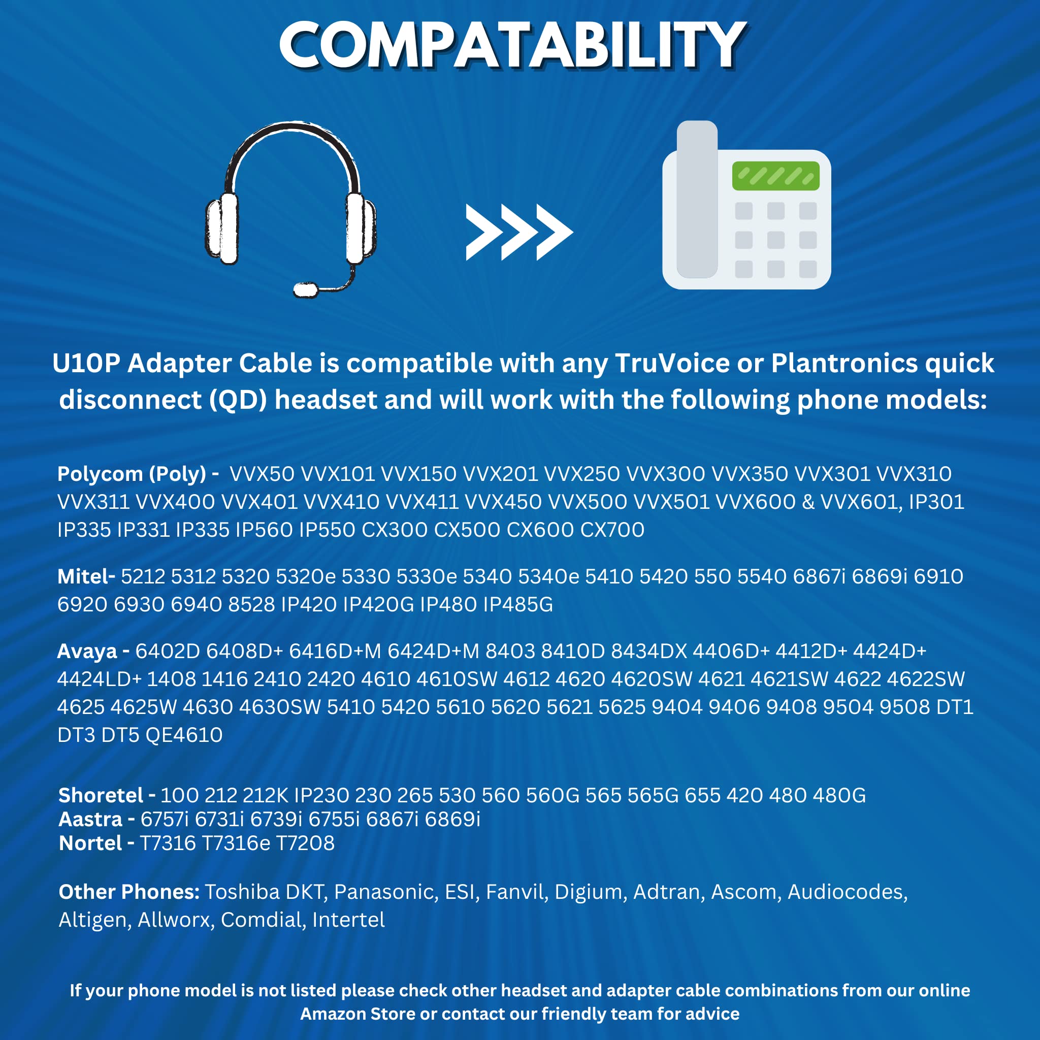 TruVoice U10P Adapter Cable - Compatible with Plantronics, Poly QD Headsets & Mitel/Nortel/Avaya/Polycom VVX Phones - Perfect for Office Communication & Call Center Headsets