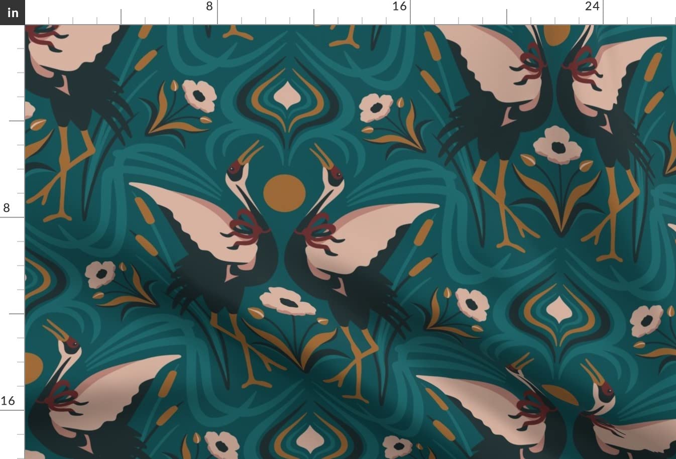 Sunset Crane Dance Pink Teal Birds Gold Poppies Upholstery Velvet Fabric by The Yard - Premium Printed Home Decor Fabric for Curtains, Pillows & Furniture - Spoonflower Fabric for DIY Sewing Projects