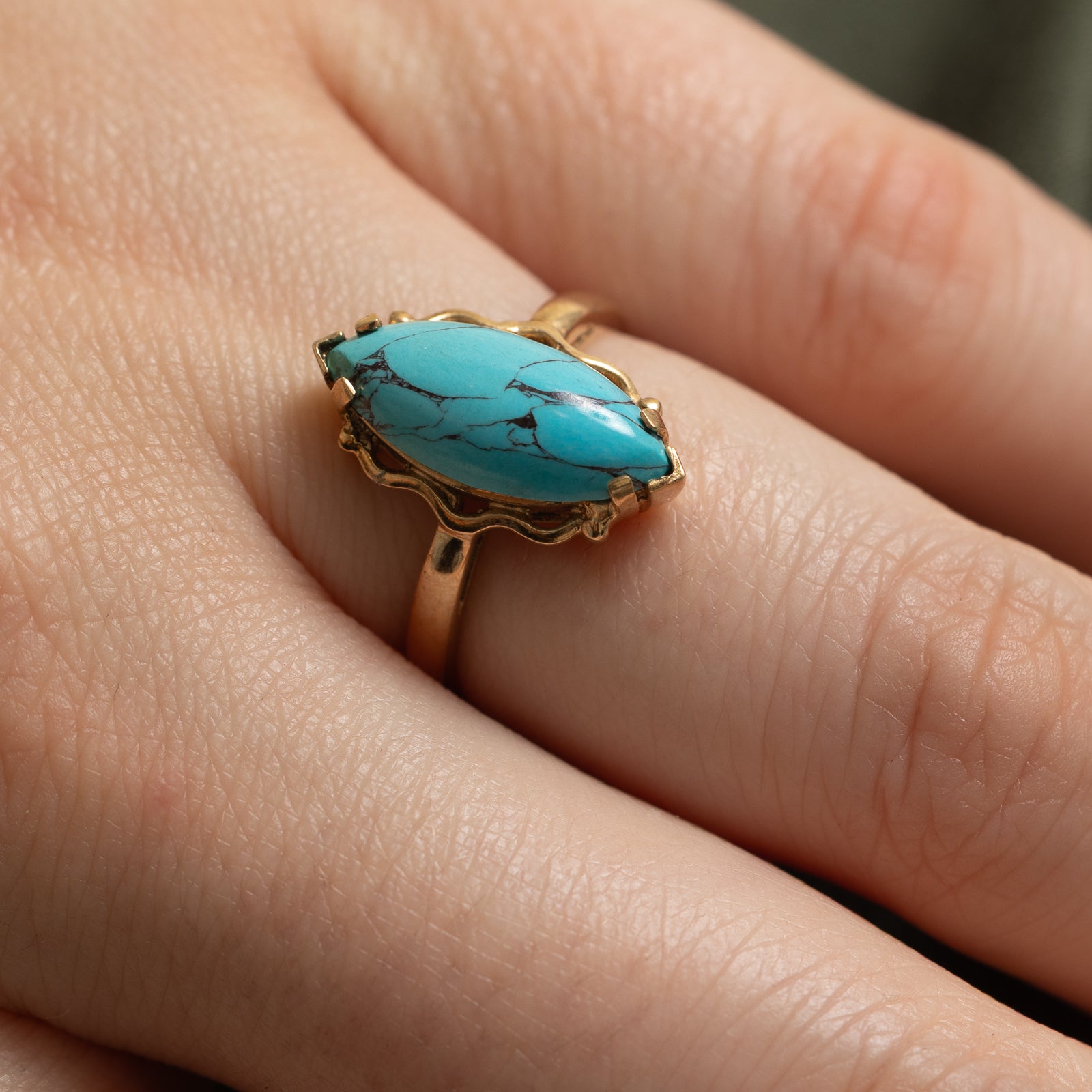 2.00ct Synthetic Turquoise Navette Ring - Size 6 | Elegant Oval Gemstone Jewelry for Women | Perfect for Weddings, Parties & Everyday Wear