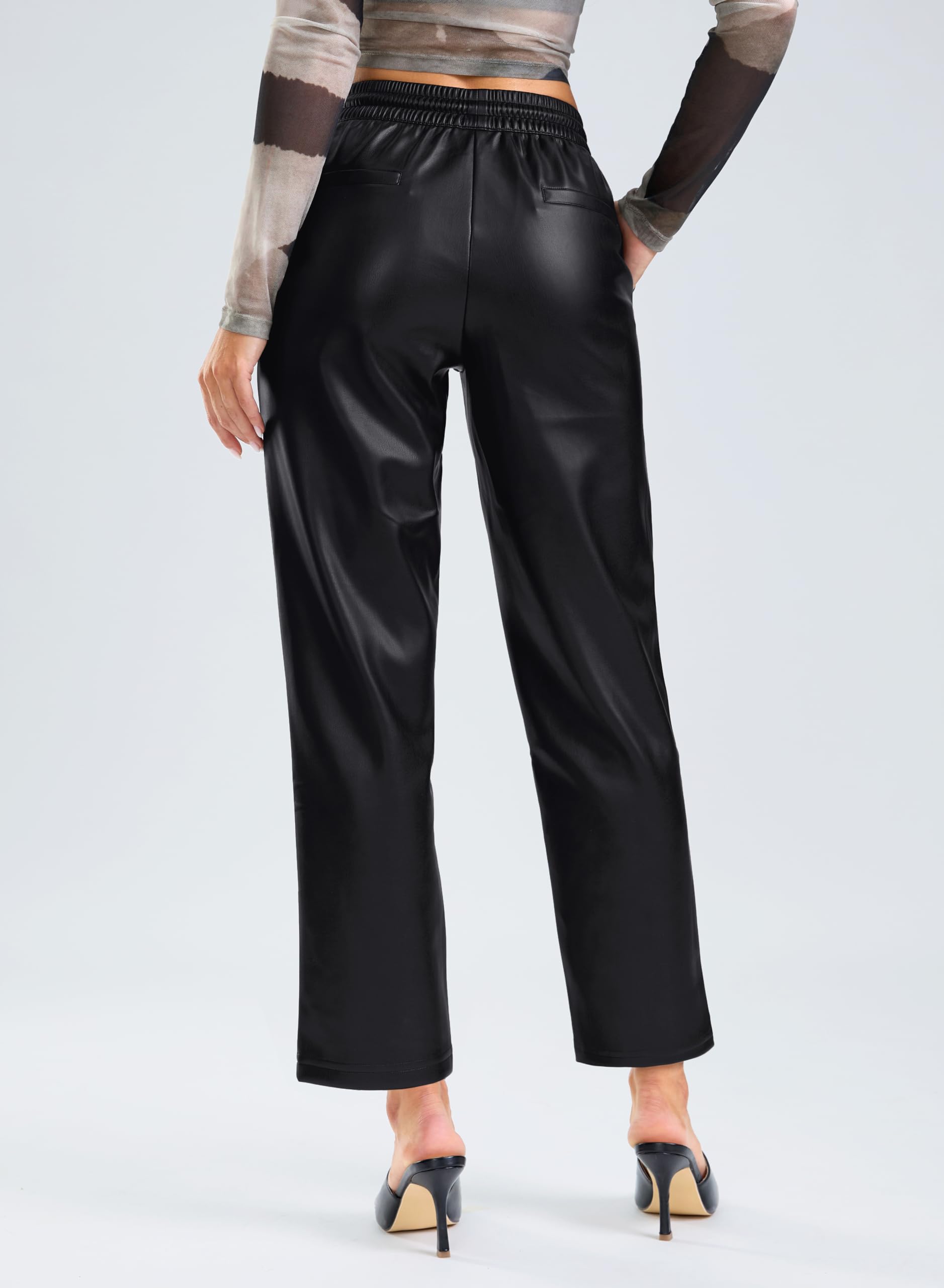 SANTINY Women's Faux Leather Pants - High Waisted Straight Leg Vegan Pleather Trousers | Matte Black Cropped Ankle Pants for Women | Perfect for Office, Night Out & Casual Wear