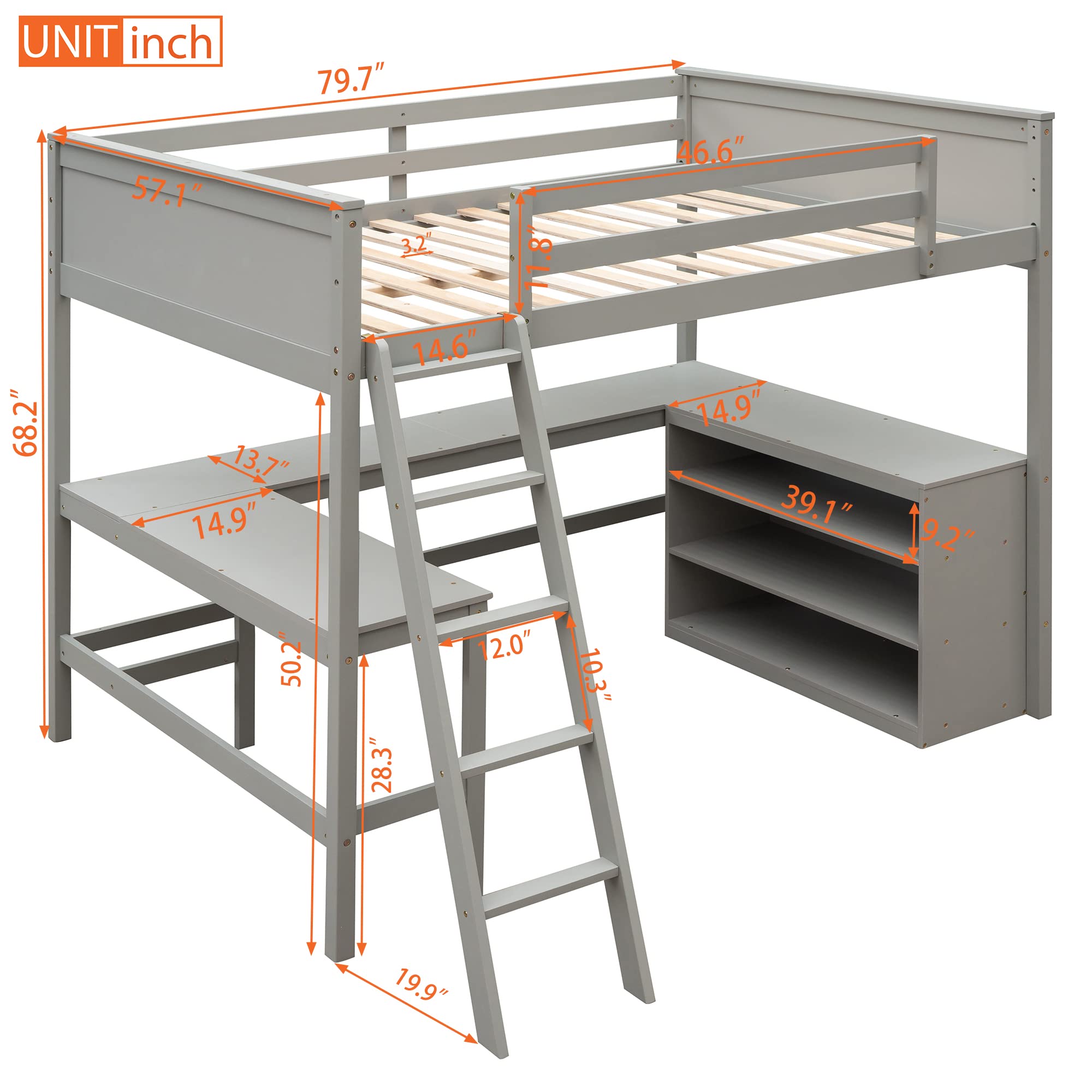 Harper & Bright Designs Full Size Loft Bed with Desk & Storage Shelves - Sturdy Wooden High Loft Bed with Safety Guardrails for Kids & Teens - Space-Saving Study & Sleep Solution (Full, Gray) - Perfect for Small Bedrooms, Dorms & Shared Kids' Rooms