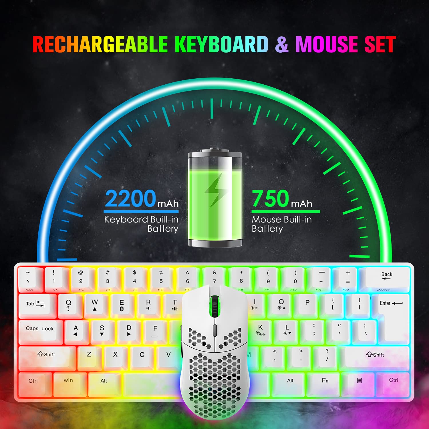 Rechargeable Bluetooth 5.0 & 2.4G Wireless/USB Wired Dual-Mode RGB Backlit Gaming Keyboard - 61-Key Compact Mechanical Keyboard with Anti-Ghosting, Wireless Gaming Mouse (750mAh Battery) for PC Gamers - Perfect for Esports, Streaming & Office Work