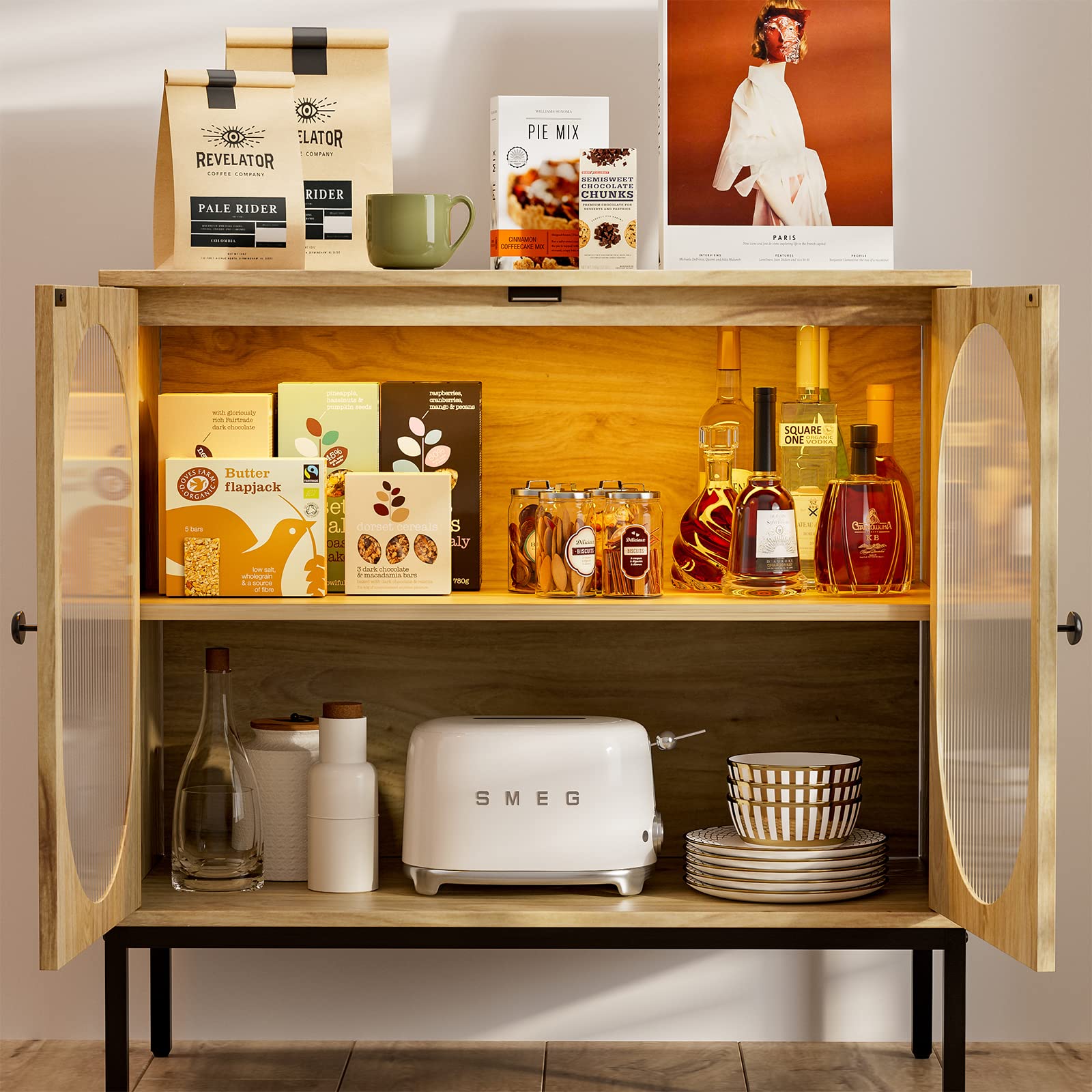 IKIFLY Modern Glass Storage Cabinet with LED Lights - Adjustable Shelves Sideboard Buffet Cabinet for Kitchen, Dining Room, Entryway & Living Room - Perfect for Displaying China, Glassware & Home Decor
