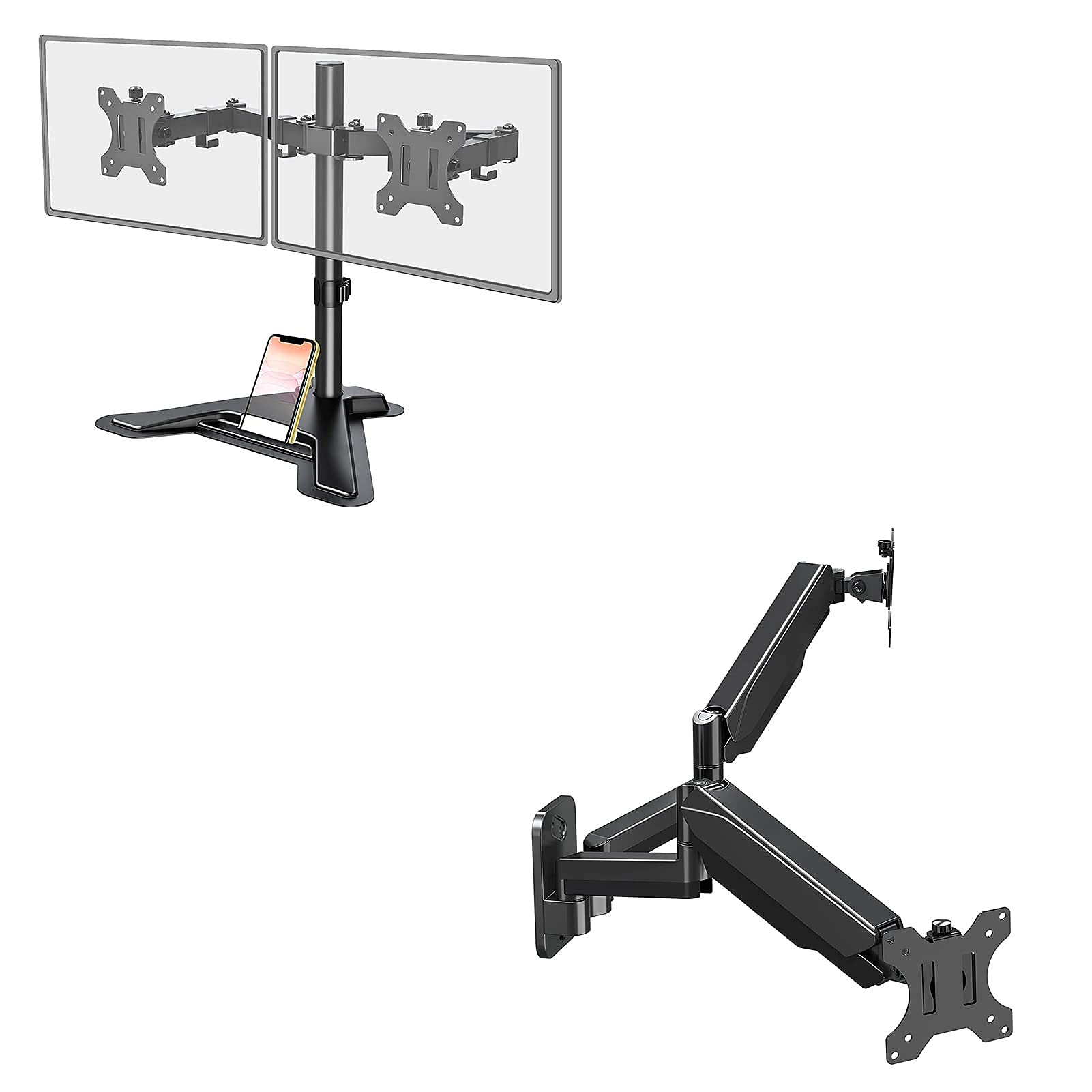 MOUNT PRO Dual Monitor Stand - Adjustable Free Standing & Wall Mount for 2 Screens up to 27 inch - Full Motion Gas Spring Monitor Arm with Height Adjustment - Perfect for Home Office, Gaming Setup & Workspace Ergonomics