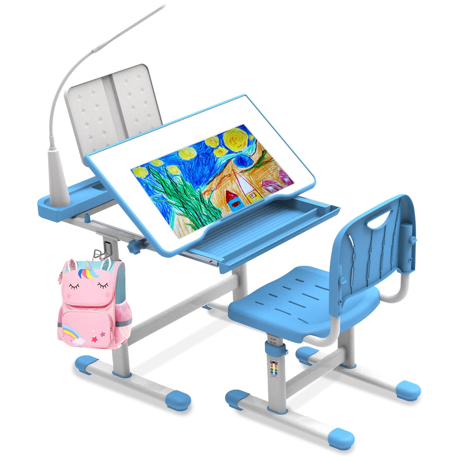 BELANITAS Adjustable Kids Desk and Chair Set - Ergonomic Study Desk with 3-Level Lighting, 40° Tiltable Tabletop & Height Adjustable for Children - Perfect Back to School Gift (Blue) - Ideal for Homework, Drawing & Online Learning at Home