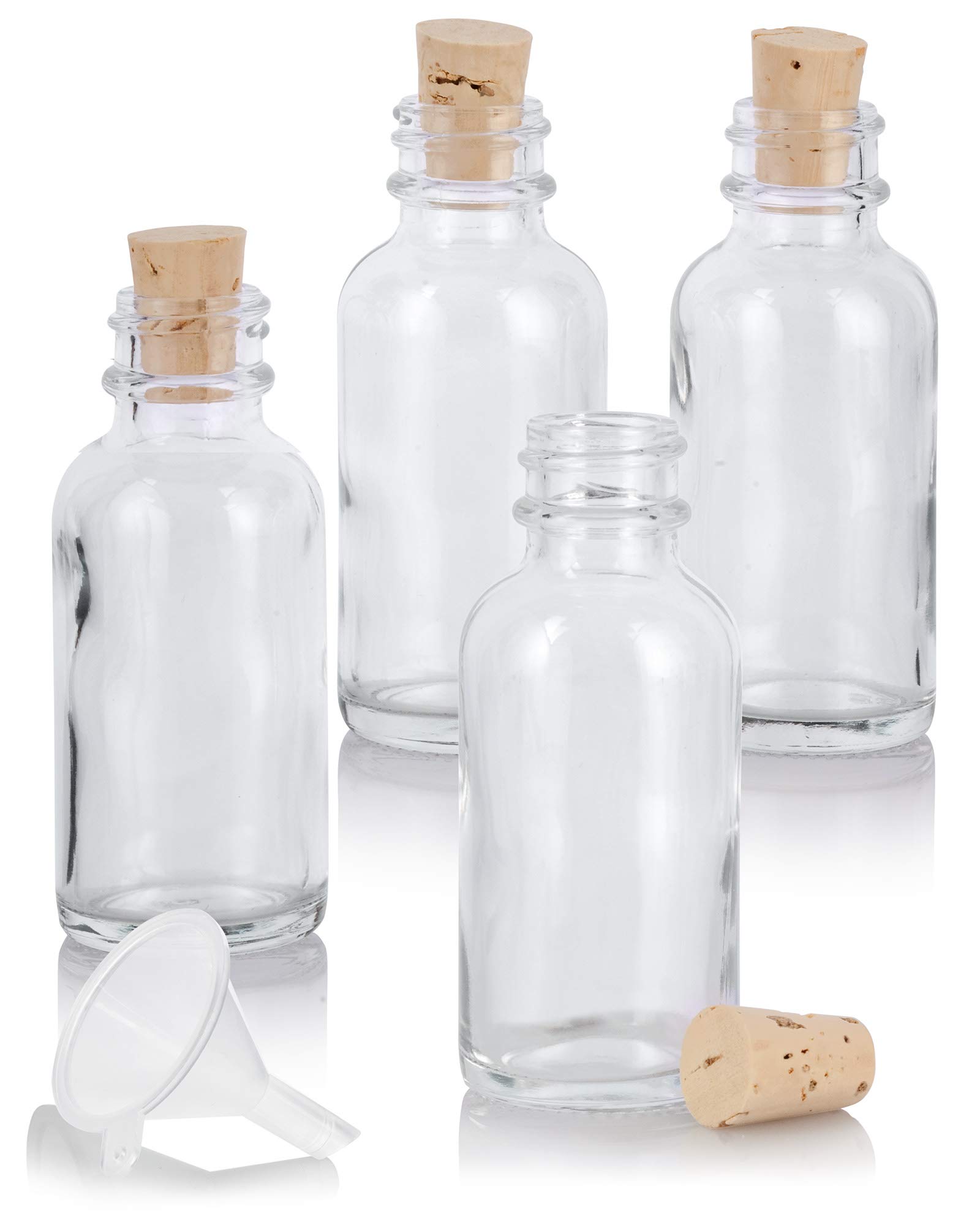 JUVITUS 4-Pack 1 oz (30 ml) Clear Glass Boston Round Bottles with Cork Stoppers & Funnel - Essential Oil, Perfume, DIY Craft Storage - Perfect for Home, Lab & Travel Use