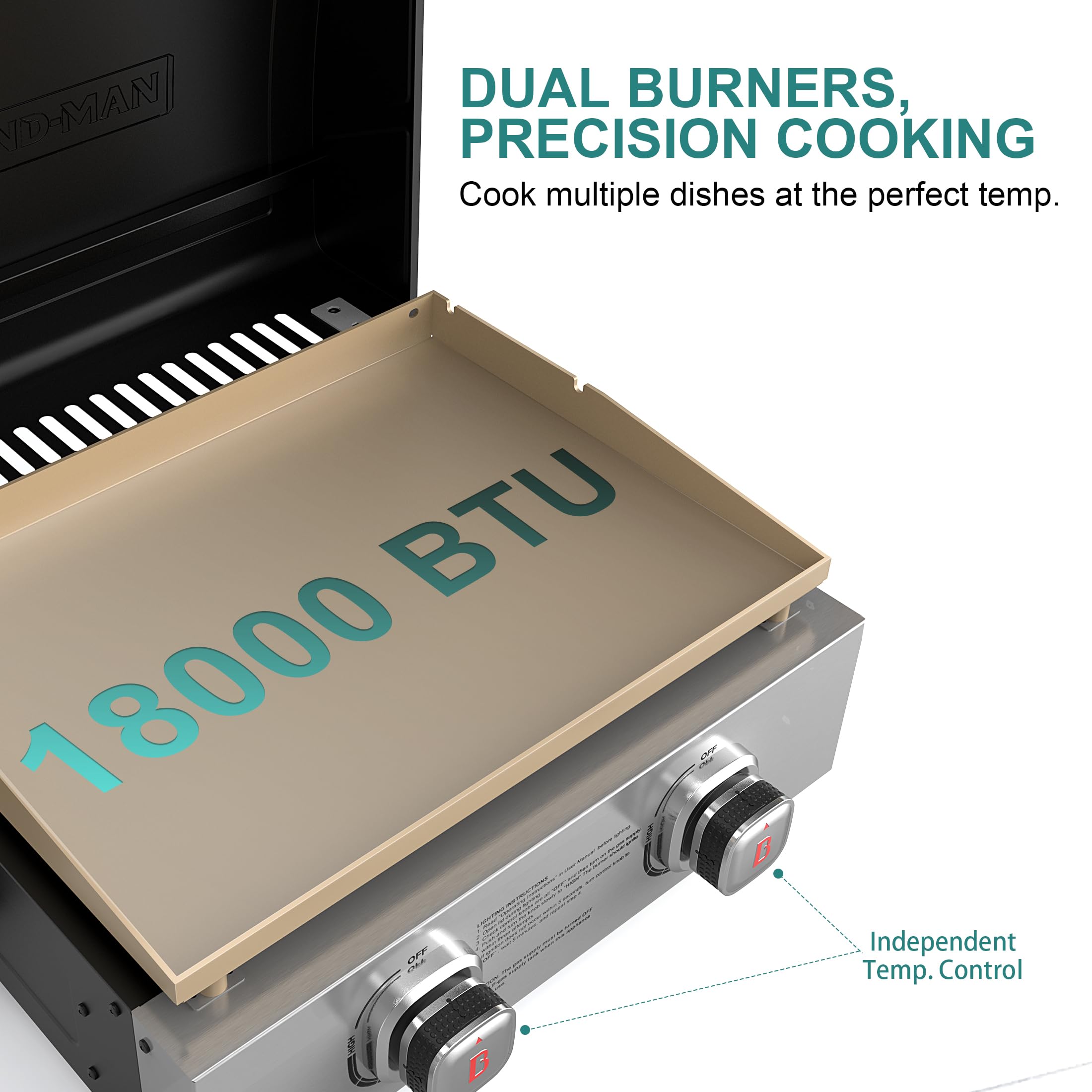 Brand-Man 2-Burner 18,000 BTU Portable Propane Griddle with Lid - Flat Top Gas Grill with Warming Rack & Adapter Hose - Perfect for Outdoor Cooking, Camping, Tailgating, Backyard BBQs & Picnics