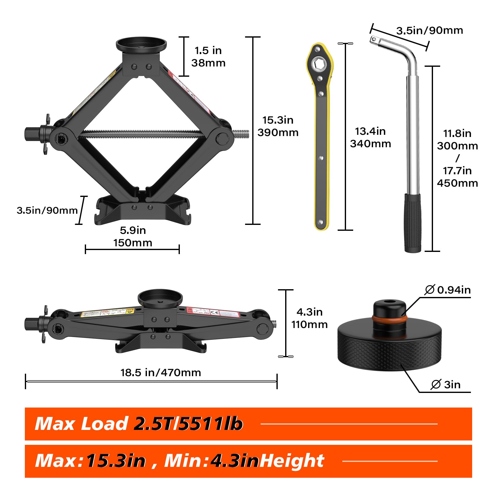 2.5 Ton Tesla Car Jack Kit for Model Y/3/S/X - IMAYCC Scissor Jack with Pucks & Pad - Spare Tire Repair & Tire Changing Tools for Tesla Vehicles - Perfect for Roadside Emergencies & DIY Maintenance