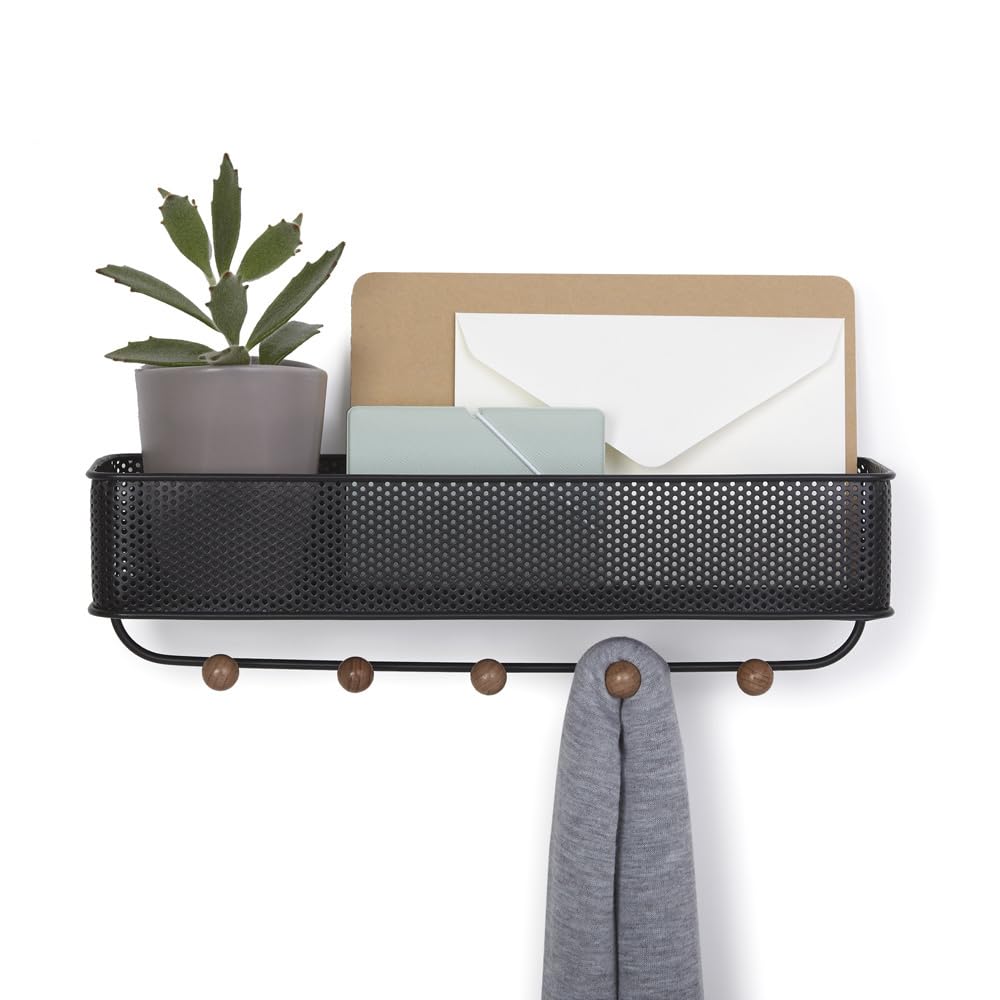 Umbra Estique Small Entryway Organizer - Wall Mounted Shelf with Hooks for Keys, Mail & Accessories | Perfect for Hallway, Foyer & Apartment Organization