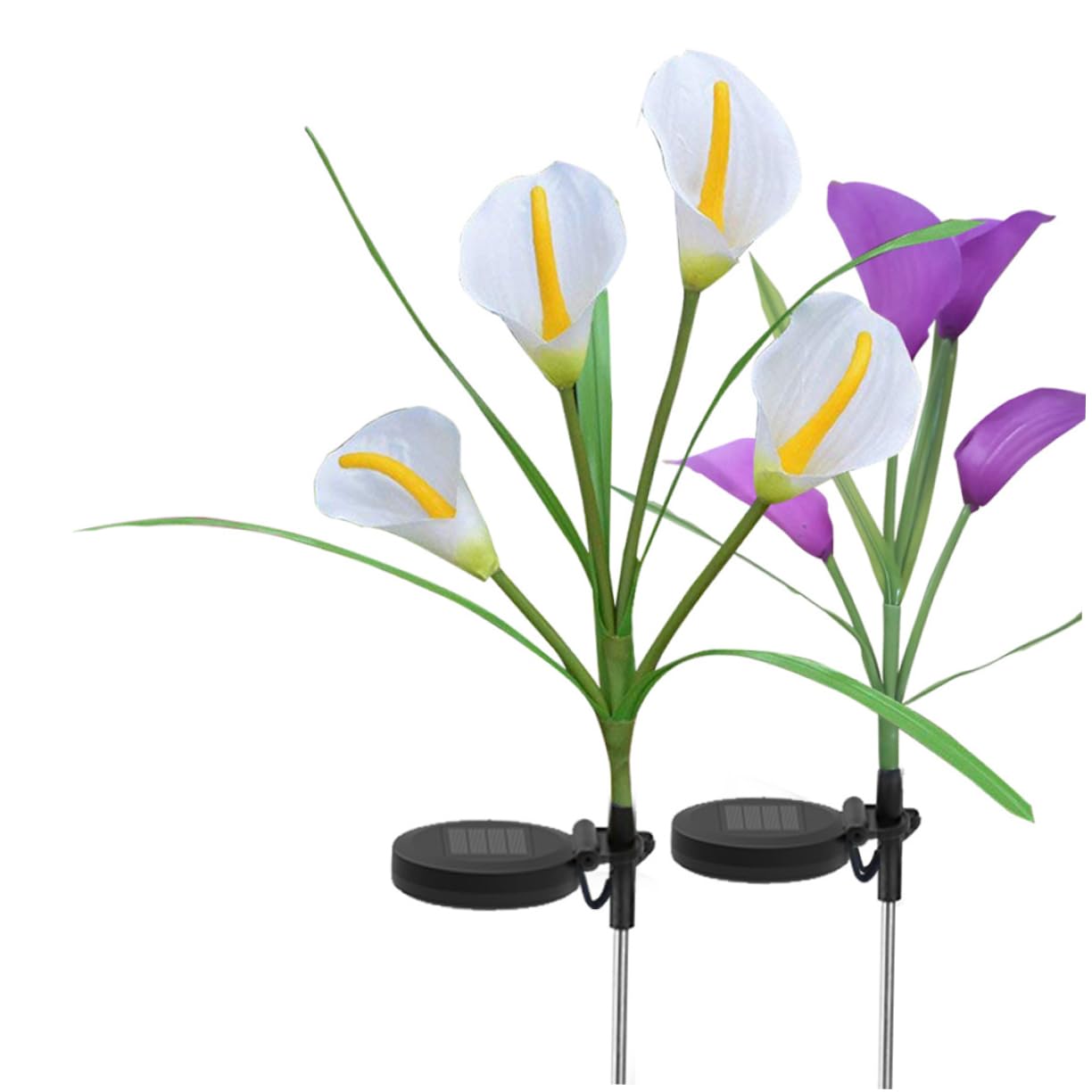 Solar Powered LED Calla Lily Outdoor Lights - 2 Pack White & Purple Landscape Lighting for Garden, Pathway, Patio Decor | Weatherproof & Energy Efficient Floral Lamps for Romantic Evening Ambience