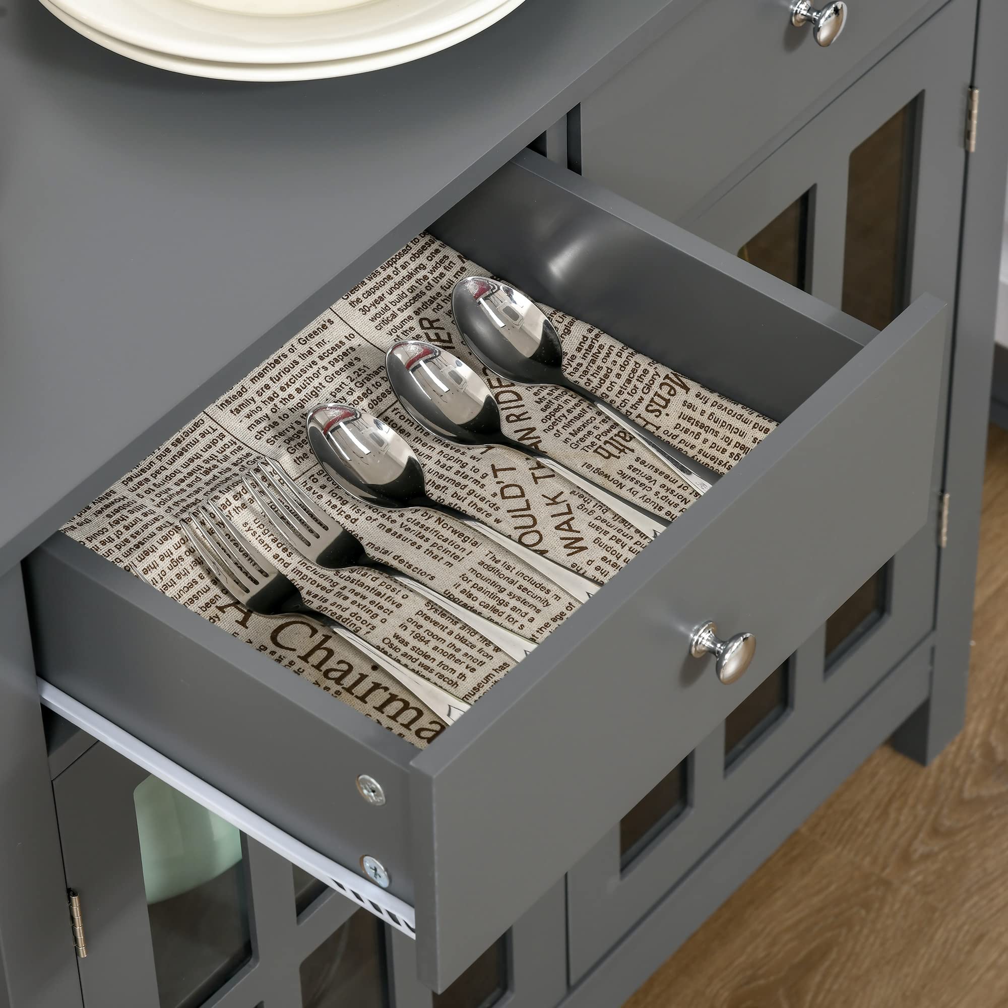 HOMCOM Sideboard Buffet Cabinet with Glass Doors - Kitchen Storage Cabinet with Adjustable Shelf & 2 Drawers - Gray Accent Furniture for Dining Room, Living Room, or Kitchen Organization