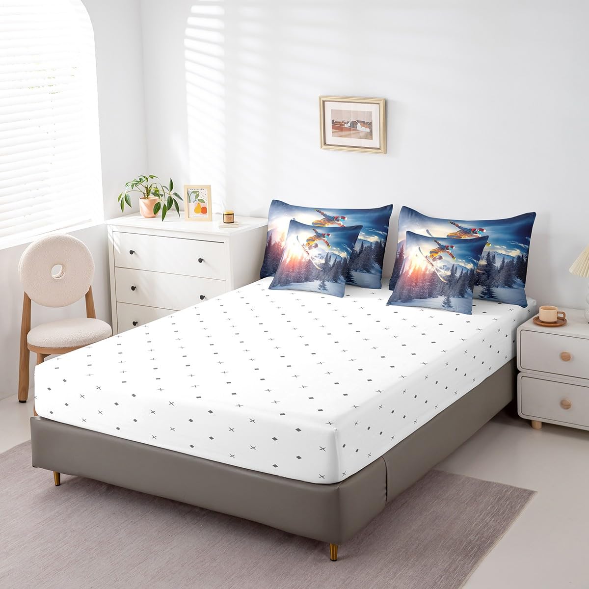 Boys Skiing Comforter Set - 7 Piece Extreme Sport Queen Bed in a Bag | Snow Field Ski & Skate All Season Bedding Set with Comforter, Sheets & Pillowcases | Perfect for Winter Sports Enthusiasts & Kids' Adventure-Themed Bedrooms
