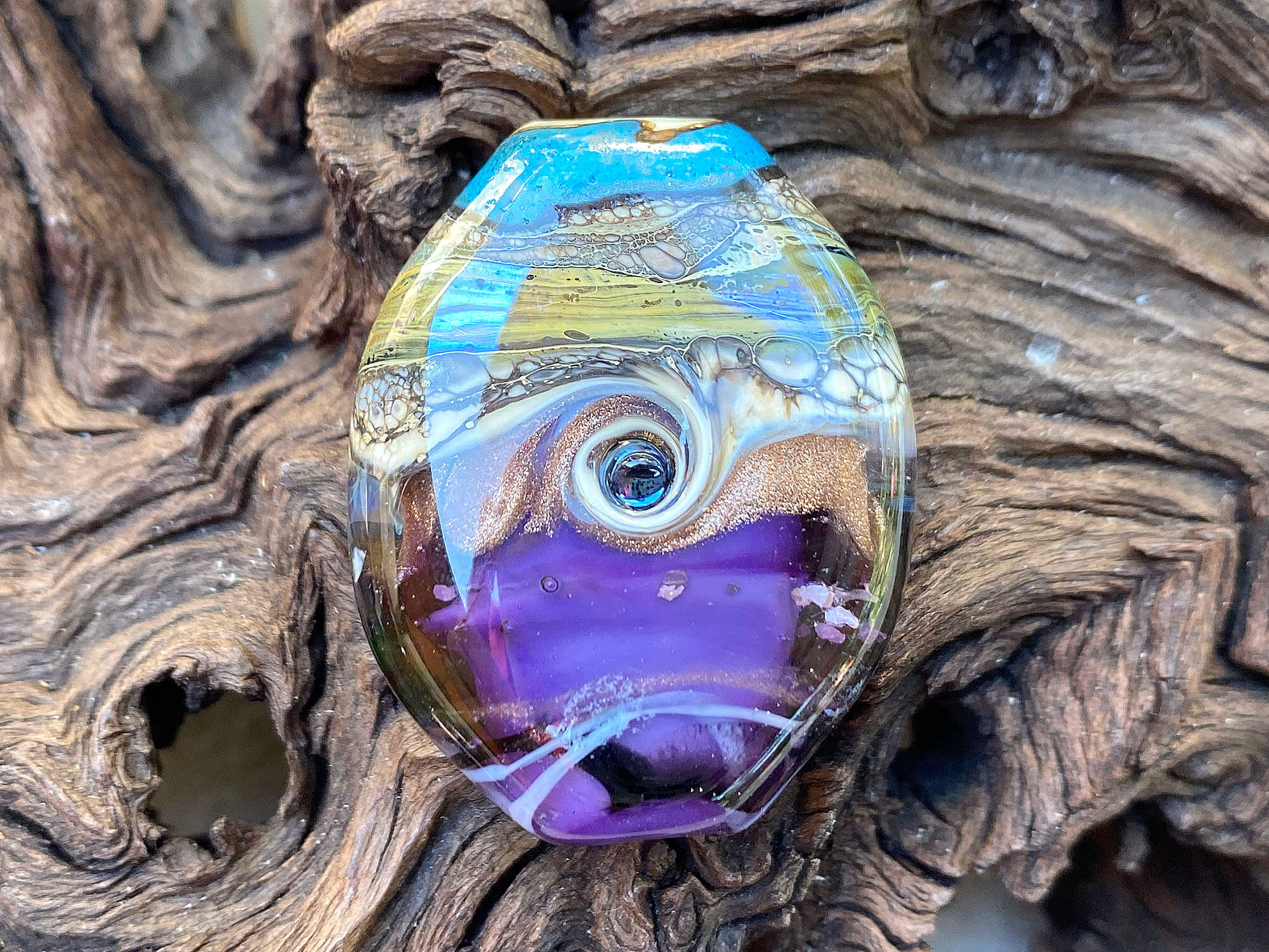Handmade Aqua Blue & Purple Organic Lampwork Glass Focal Bead - SRA Certified for Jewelry Making, DIY Crafts & Home Decor