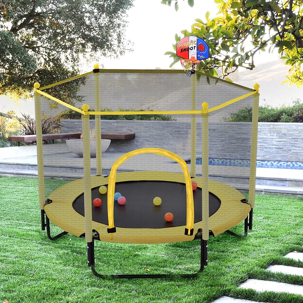 5FT Kids Trampoline with Safety Enclosure Net - Indoor/Outdoor Mini Trampoline for Toddlers & Children with Basketball Hoop (Yellow) - Perfect for Backyard Play, Exercise & Family Fun