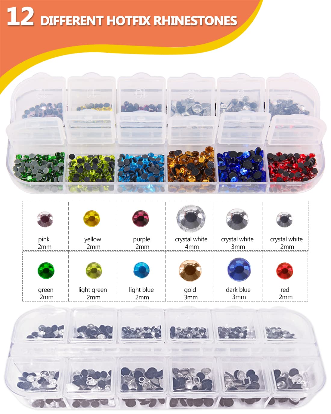 Hotfix Rhinestone Applicator Tool Kit - 2 Boxes Flat Back Crystal Gems, Storage Box, Tweezer & Picking Pen for DIY Clothes, Shoes, Cards - Perfect for Crafting, Costume Design & Fashion Accessories