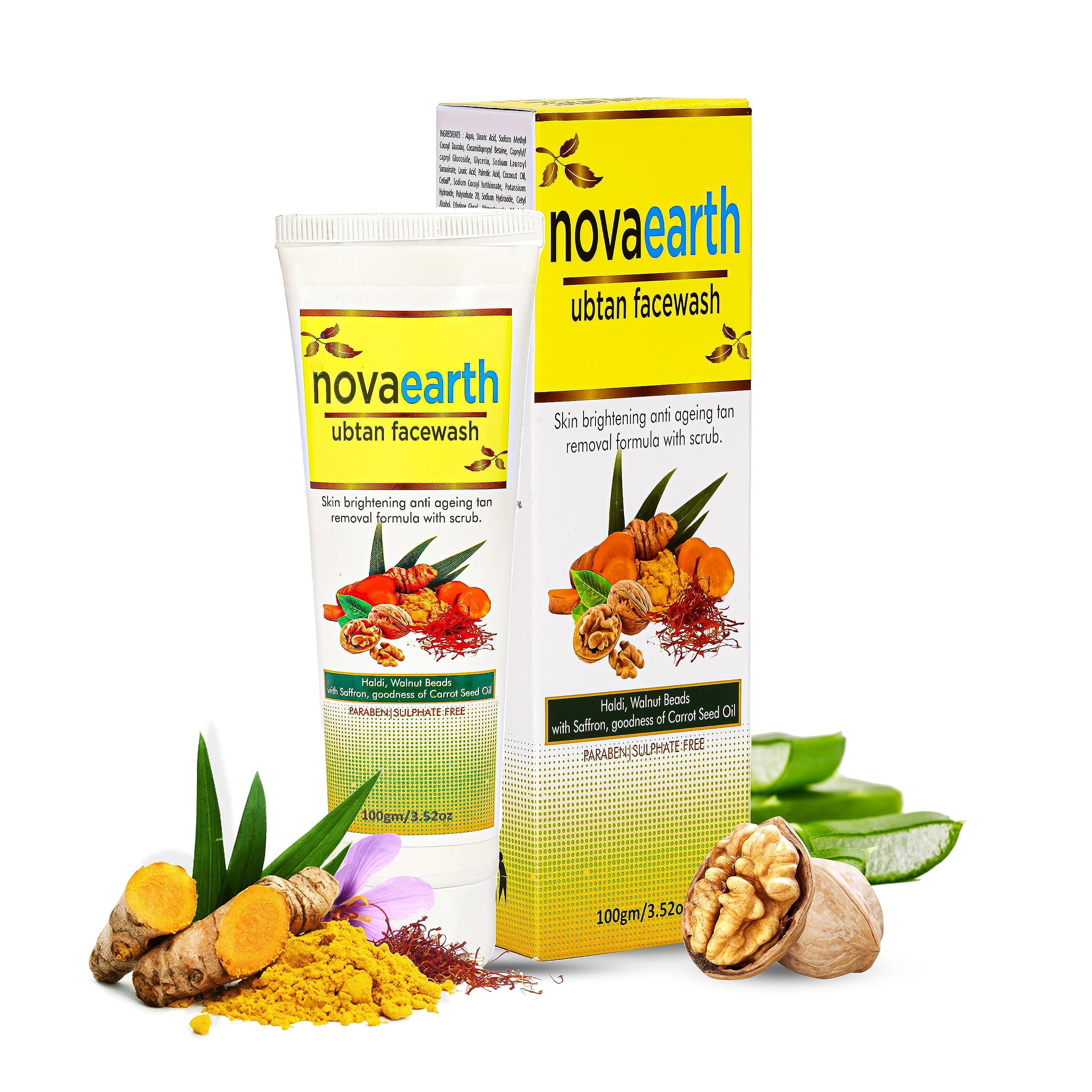 NovaEarth Ubtan Face Wash with Turmeric & Saffron - Skin Brightening, Anti-Tan, Paraben & Sulfate Free (100g) | Natural Glow for Daily Cleansing & Radiance