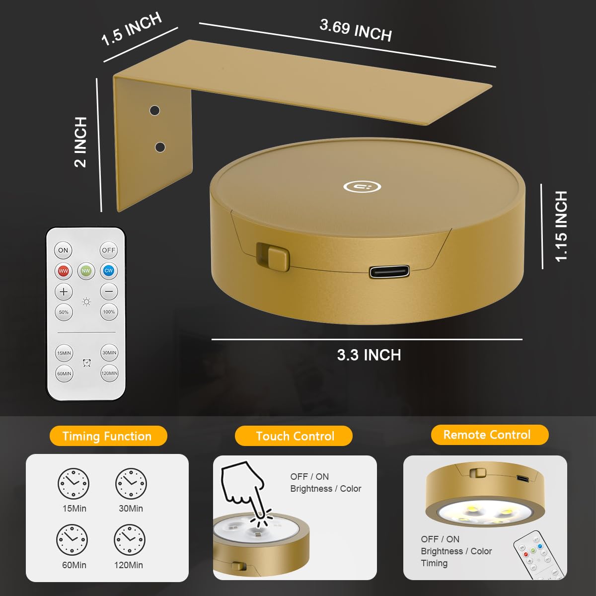 Rechargeable Battery Operated LED Picture Lights with Remote - Wireless Magnetic Art Lighting for Paintings & Wall Decor (Dimmable, Timer, Gold, 3 Pack) - Perfect for Gallery Display, Home Artwork & Picture Frame Illumination