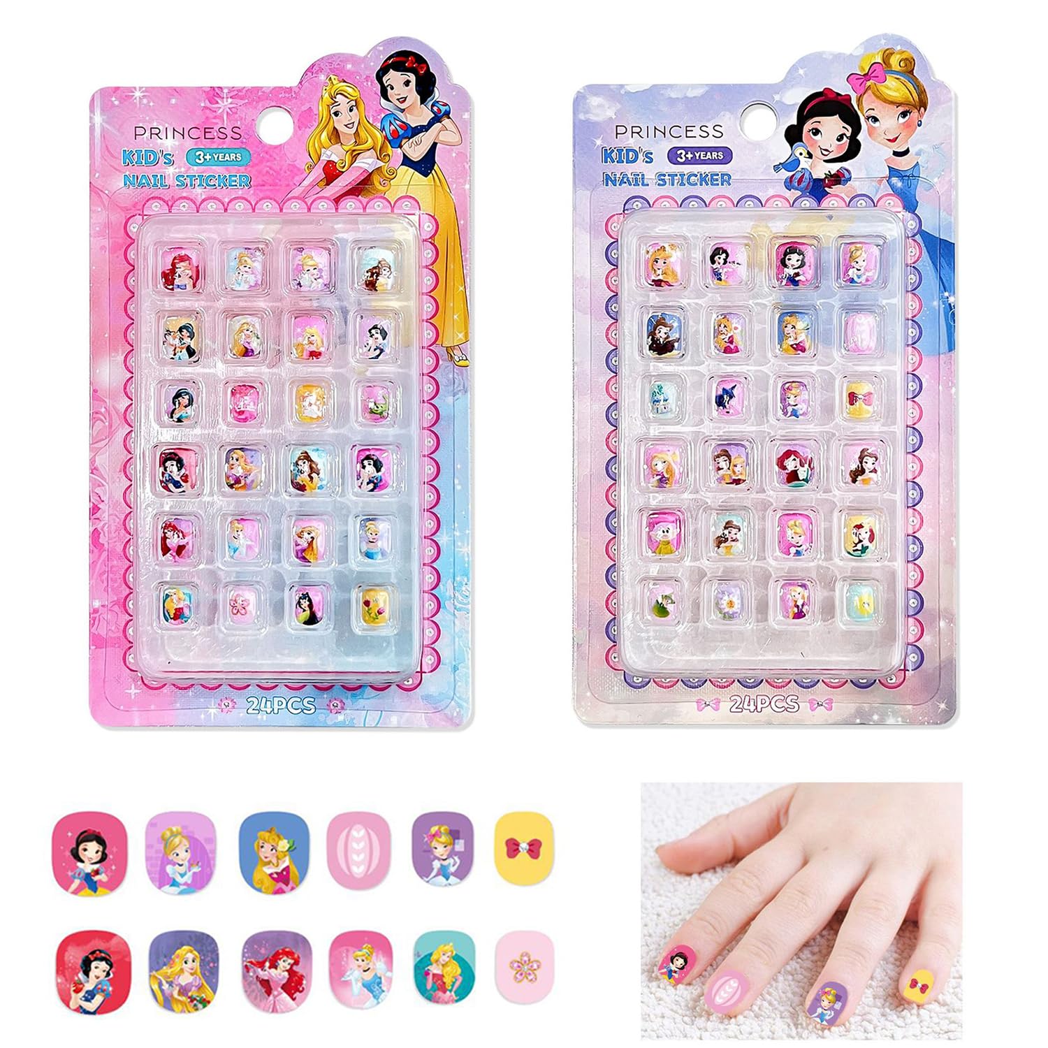 48PCS Cartoon Princess Press on Nails for Toddlers & Kids - Cute Designer Fake Nails Set, Full Cover Acrylic Nail Tips - Perfect for Easter Gifts, Birthday Parties, Dress-Up Play & Special Occasions