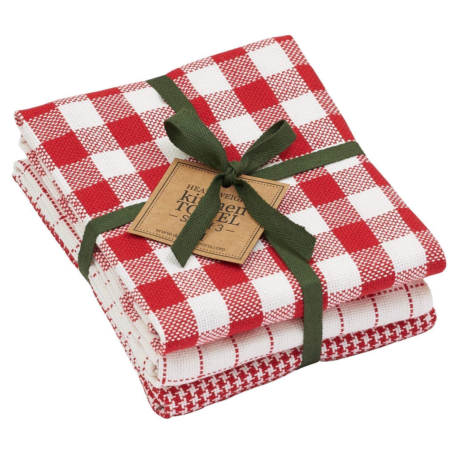 DII 91311 Heavyweight Cotton Dish Towels Set of 3 - 18x28 Inch Absorbent Kitchen Towels for Washing, Drying, Cooking & Baking - Holiday Checkered Pattern for Everyday Use & Holiday Decor