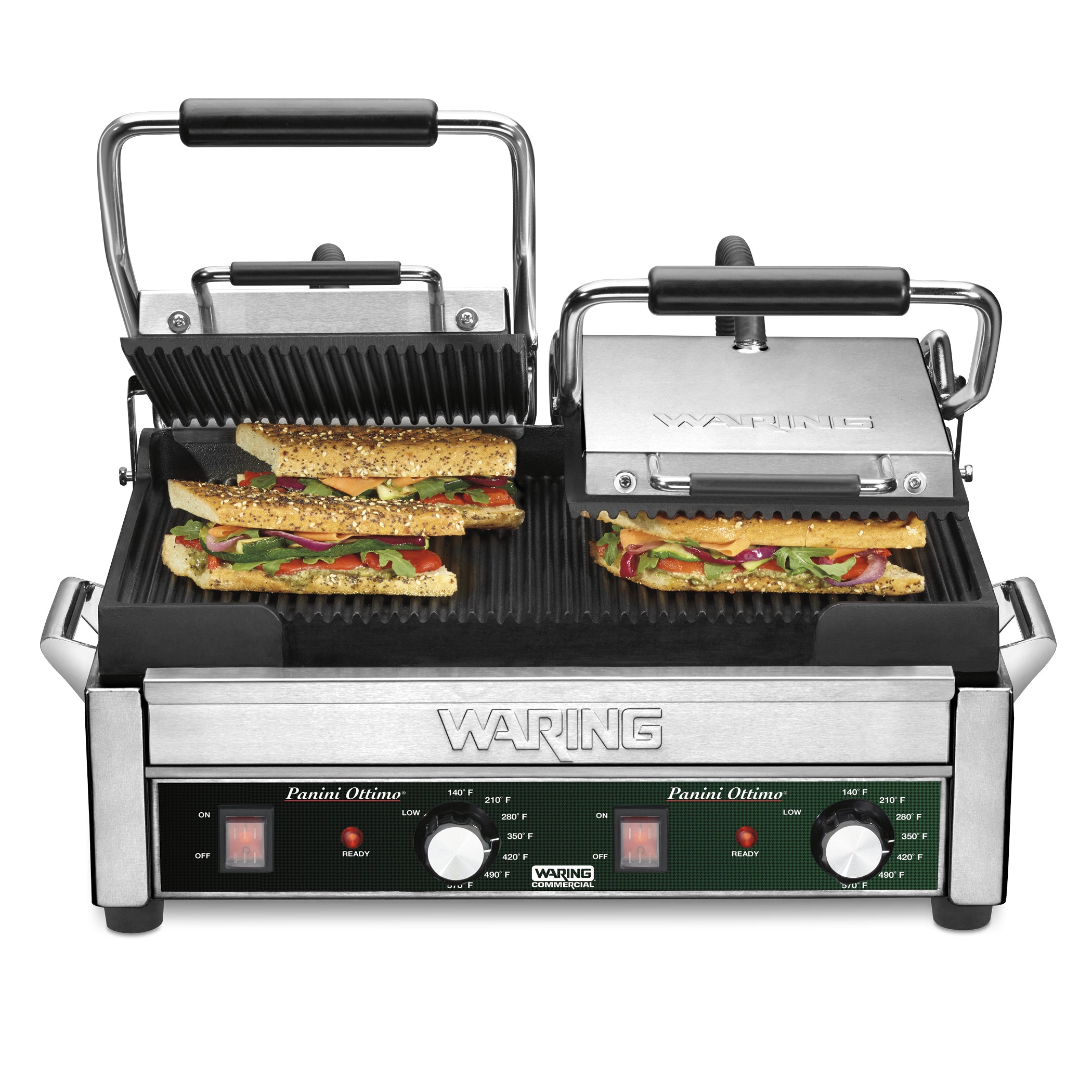 Waring WPG300 Supremo® 17 x 19.25 Inch Commercial Double Panini Press Grill with Non-Stick Grooved Plates - 240V for Restaurants, Cafes & Catering Businesses