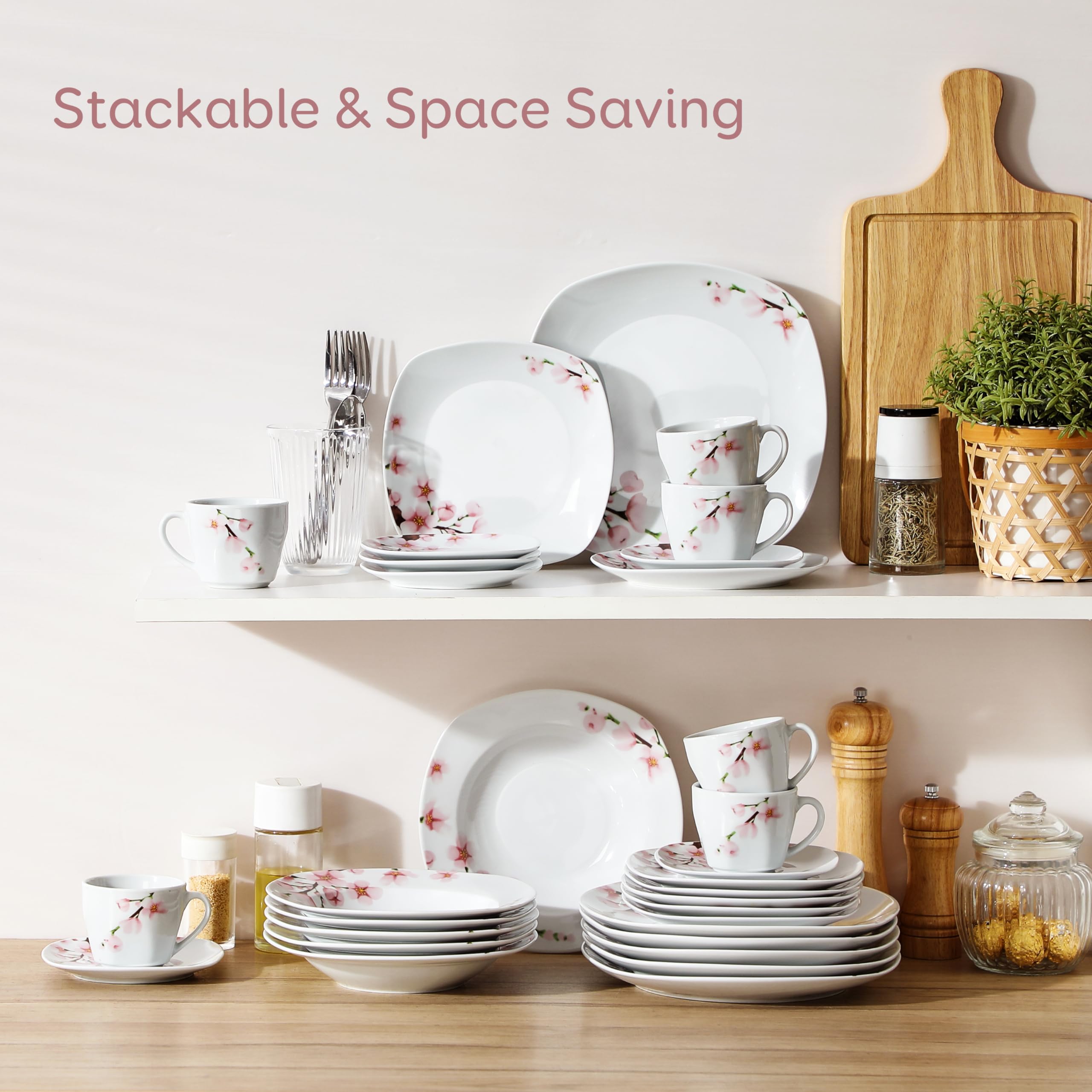 VEWEET Annie Series 30-Piece Porcelain Dinnerware Set for 6 - Elegant White with Pink Floral Design, Includes Dinner Plates, Dessert Plates, Soup Bowls, Cups & Saucers - Perfect for Family Dinners, Bridal Showers & Formal Dining
