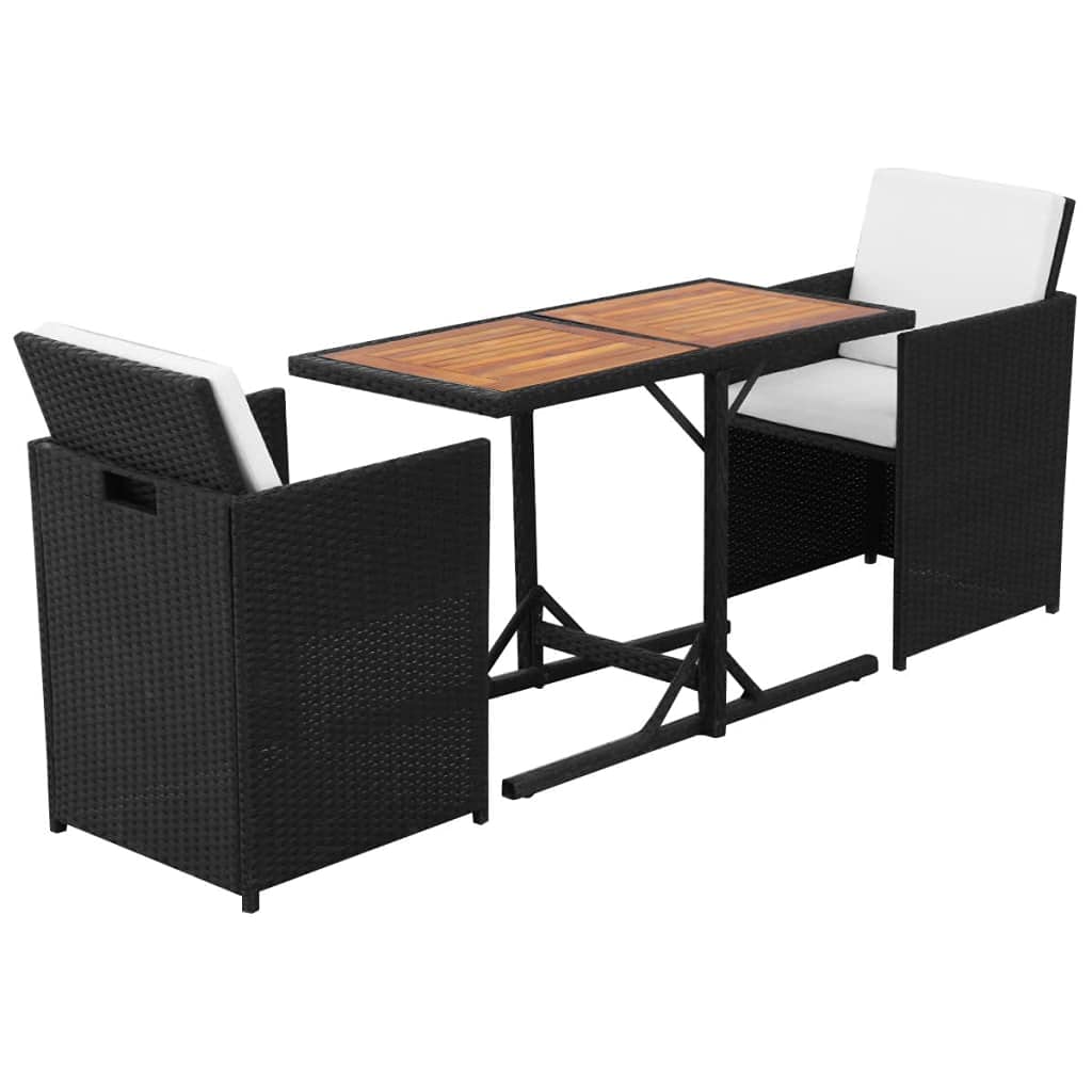 3-Piece Outdoor Patio Bar Set with Cushions - Black Poly Rattan Bistro Table & Stools for Backyard, Garden, Poolside or Balcony Dining
