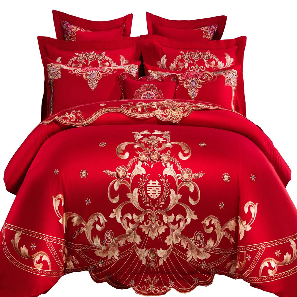Elegant Chinese Wedding Red Bedding Set - Embroidered Gold Floral Peacock Feather Design - King/Queen Size Cotton Duvet Cover & Bed Linens (4PC Set, Color 8) - Perfect for Wedding Nights, Anniversary Gifts & Asian-Themed Home Decor