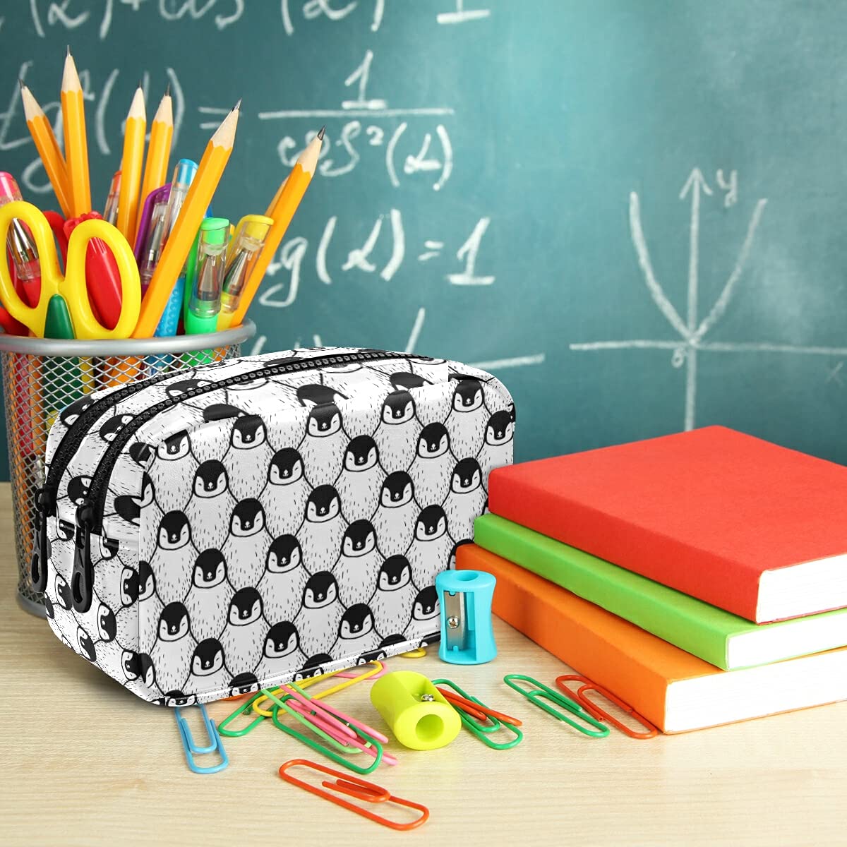Cute Penguin Print Leather Pencil Case with Zipper - 2 Compartment Pen Pouch for Women & Girls, Makeup Bag & Toiletry Organizer - Perfect for School, Office, Travel & Daily Essentials Storage