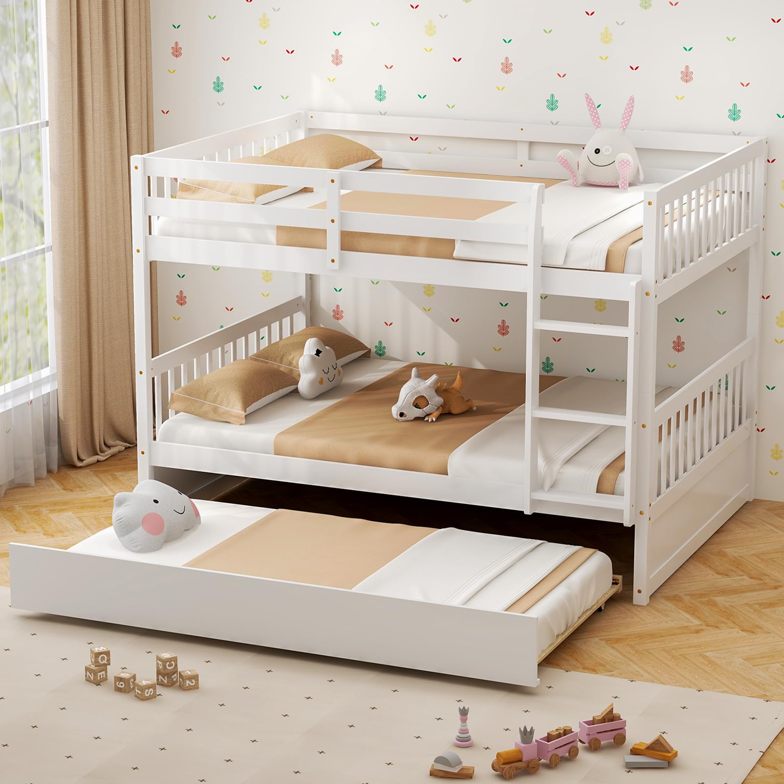 KOMFOTT Solid Wood Full Over Full Bunk Bed with Trundle - Sturdy Bunk Bed Frame with Ladder & Safety Guardrails - Space-Saving Bunk Bed for Teens, Adults & Guest Rooms - No Box Spring Needed - Perfect for Small Bedrooms, Dorms & Vacation Homes