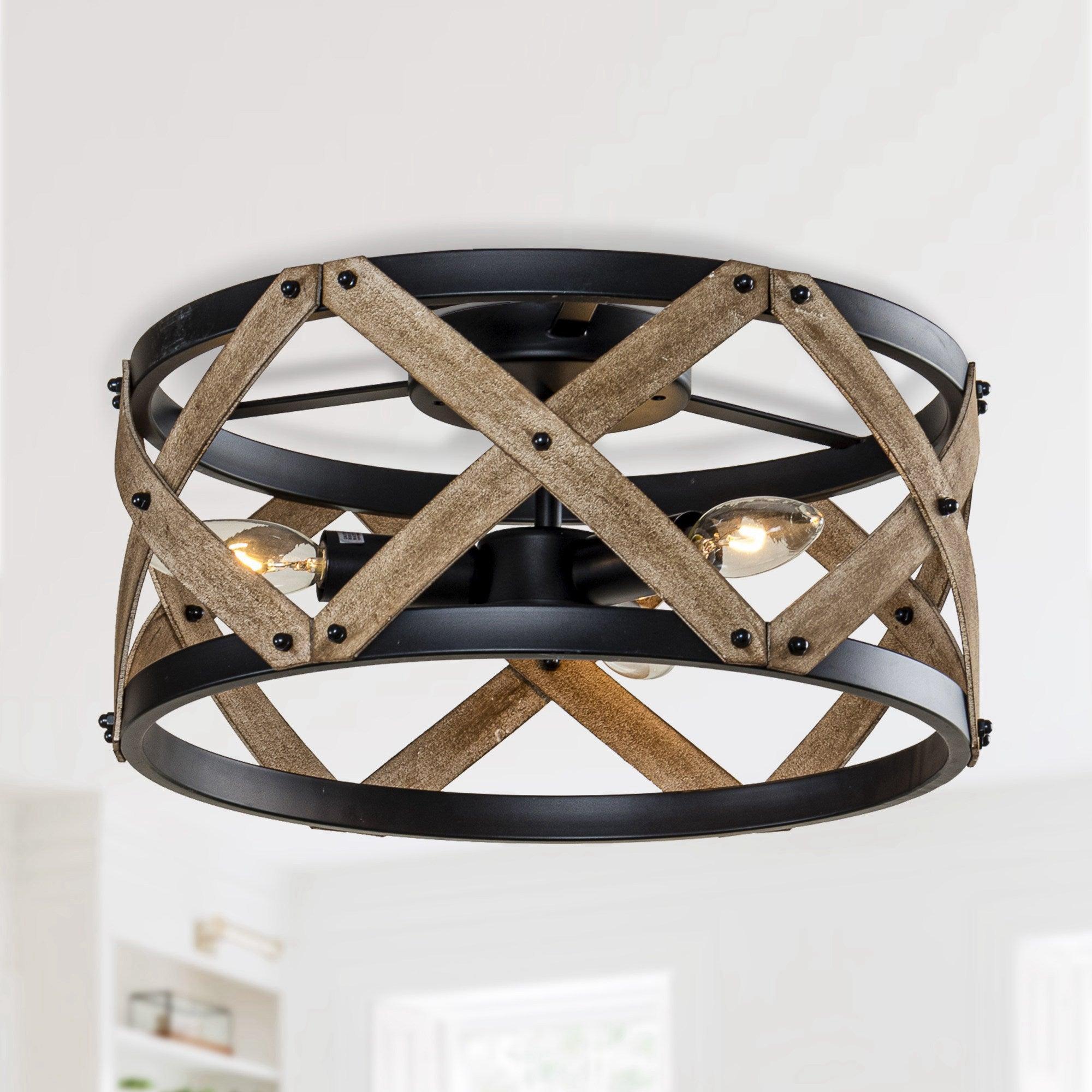 3-Light Industrial Drum Flush Mount Ceiling Light Fixture - Vintage Style Metal Pendant Lighting for Kitchen, Dining Room, Bedroom & Office