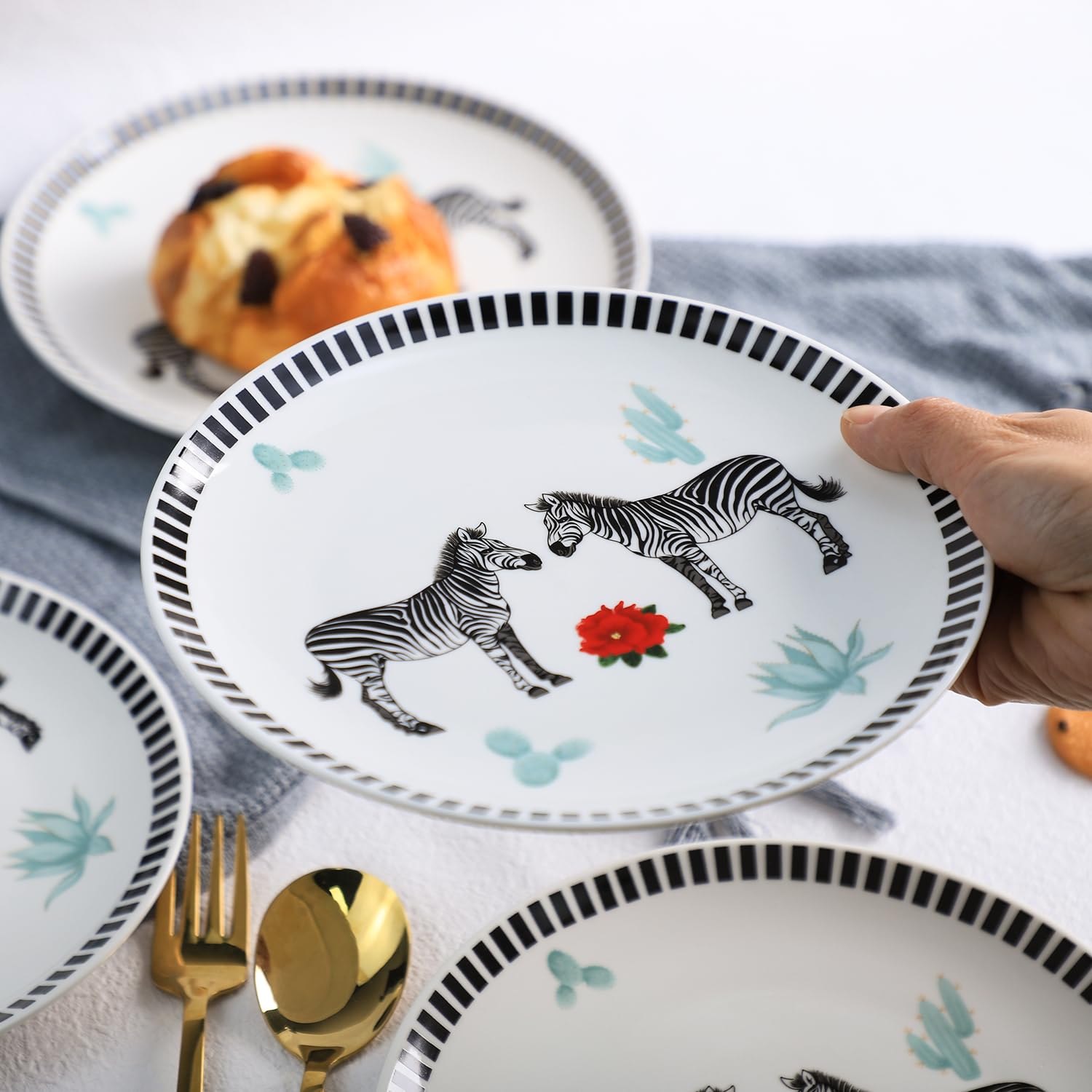 8 Inch Zebra and Cactus Pattern Ceramic Plates - Stylish Salad, Pasta, Fruit, Appetizer & Dessert Dishes - Holiday Dinnerware Set of 4 - Perfect for Christmas, Thanksgiving & Party Entertaining