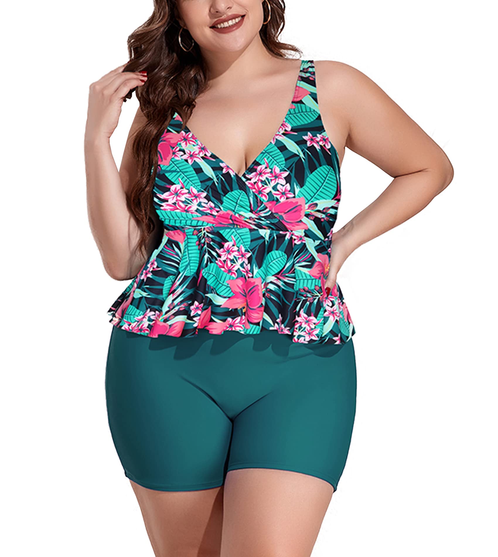 **Mooncore Plus Size Women's Tankini Swimsuit with Tummy Control Shorts - 2 Piece Bathing Suit for Beach, Pool & Vacation**