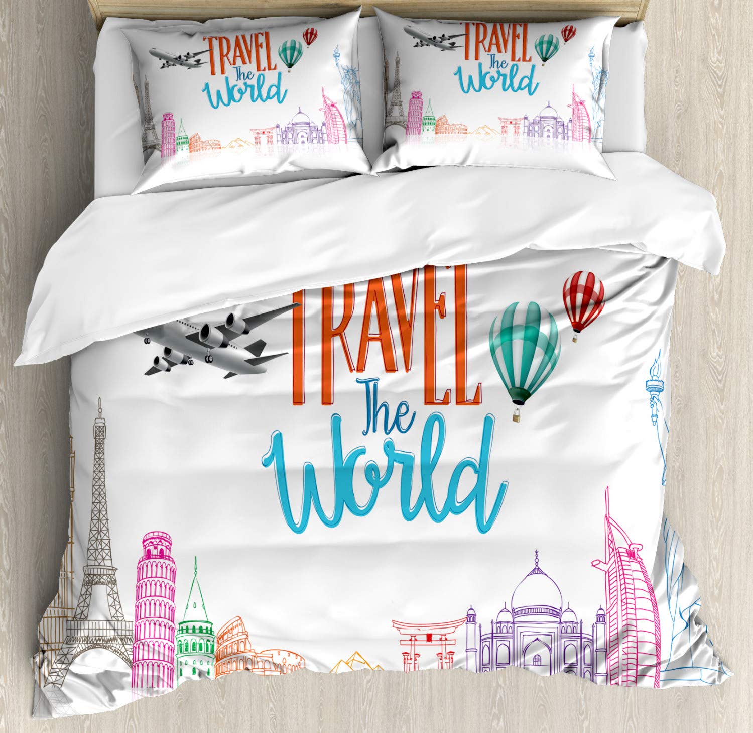 Ambesonne Travel The World Duvet Cover Set - Queen Size 2-Pack with 2 Duvet Covers & 4 Pillowcases, Blue Grey Globe Landmarks Design - Perfect for Wanderlust Bedrooms, Guest Rooms & Travel-Themed Decor