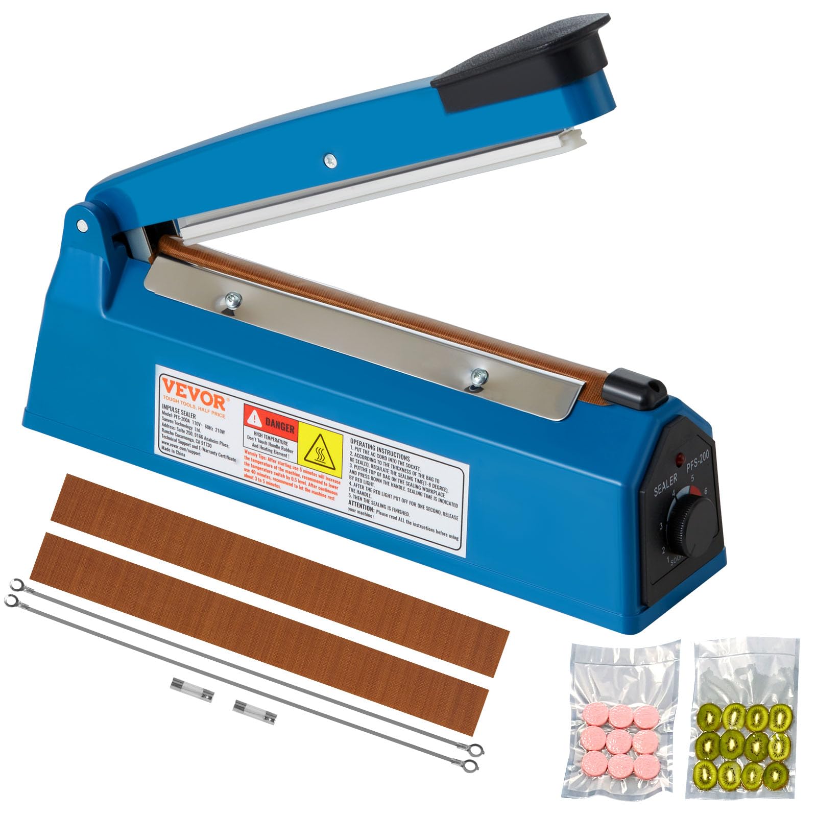 VEVOR 8 Inch Manual Impulse Sealer - Adjustable Heat Sealing Machine for Plastic, Mylar, PE & PP Bags | Portable Shrink Wrap Bag Sealer with Extra Replacement Kit | Ideal for Food Packaging, Retail & Warehouse Sealing Operations