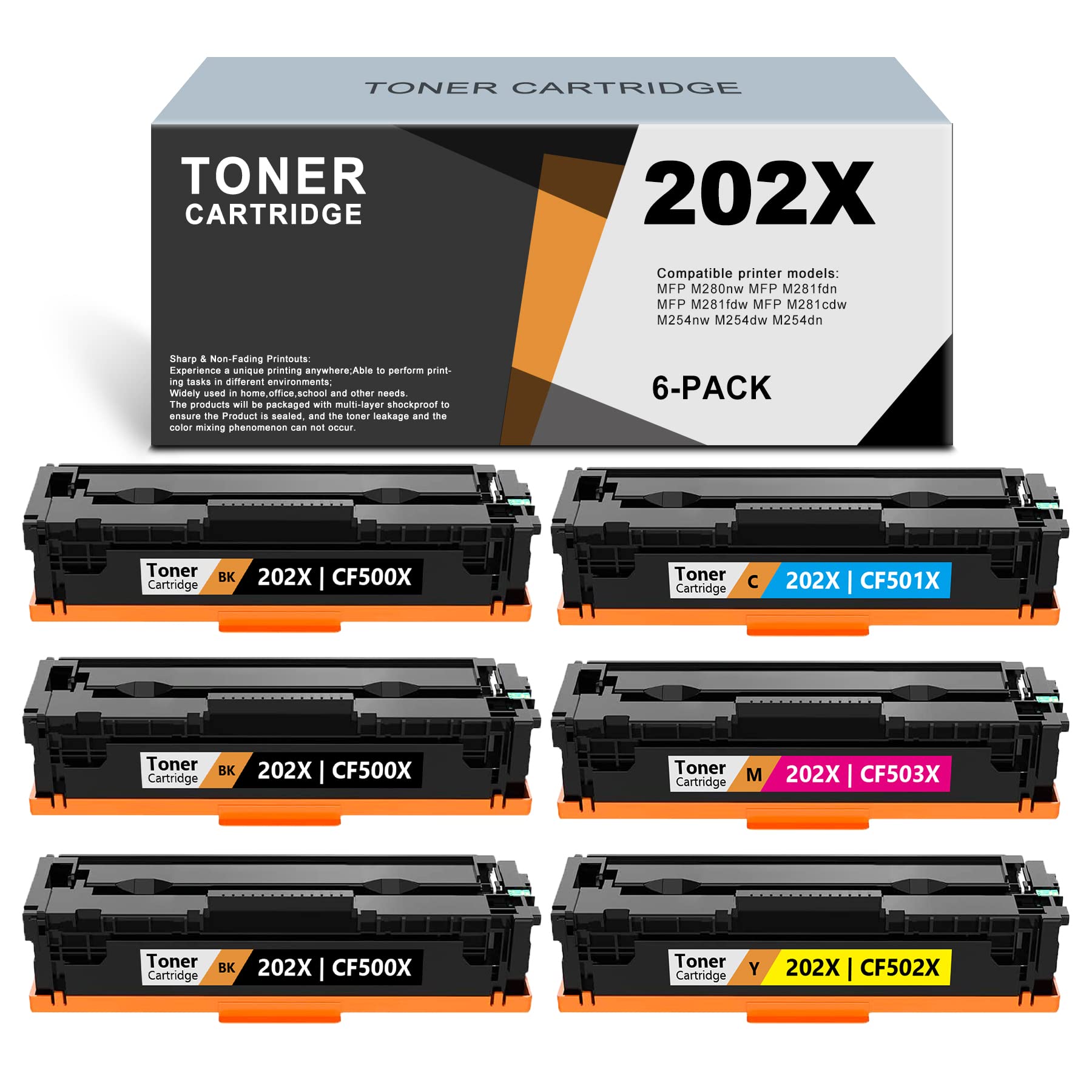 ARSEINK 6-Pack Compatible Toner Cartridge Replacement for HP CF500X CF501X CF502X CF503X | HP M254dn M254nw M254dw M280nw M281fdn M281fdw M281cdw Printers (3BK/C/M/Y) | High-Quality Printing for Home Office & Business Documents