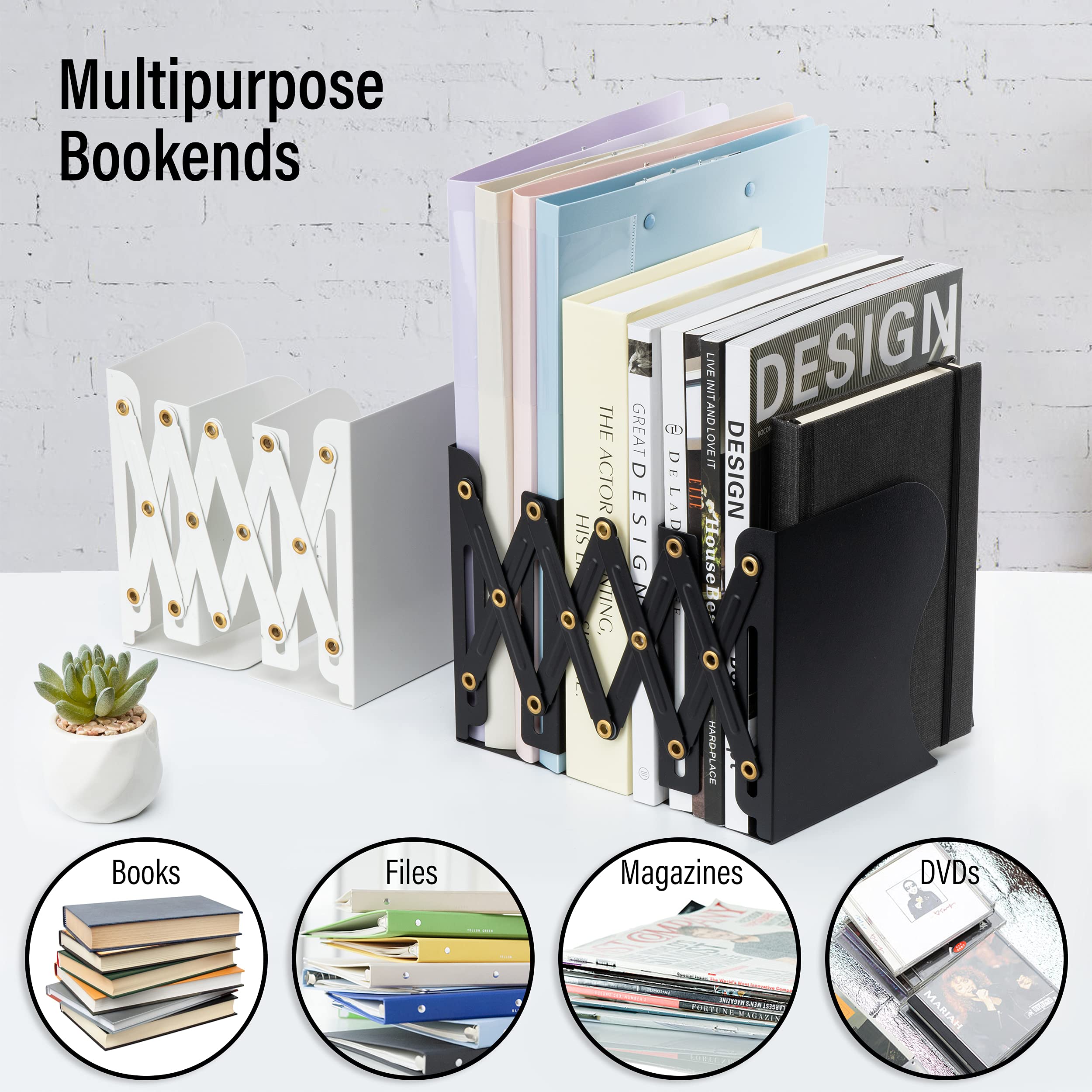 Adjustable Expandable Metal Bookend - Heavy Duty Desk Organizer for Books, Magazines & Office Papers - Extends up to 19 Inches (Black) | Perfect for Home Office, Library & Study Room Organization