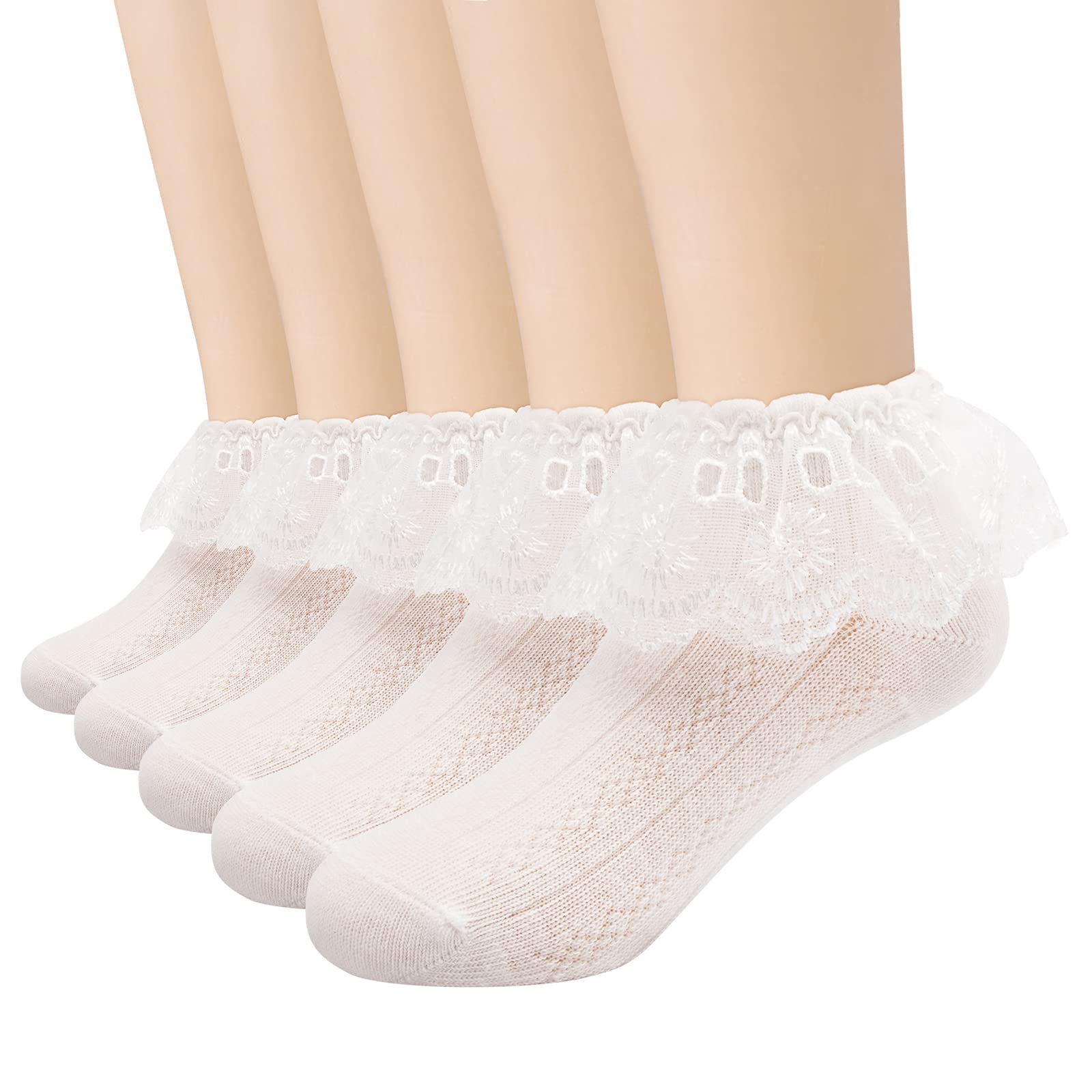 5 Pairs Baby Toddler Girls Eyelet Lace Ruffle Socks - Princess Frilly Cotton Ankle Dress Socks for Kids - Perfect for Parties, Weddings & Special Occasions