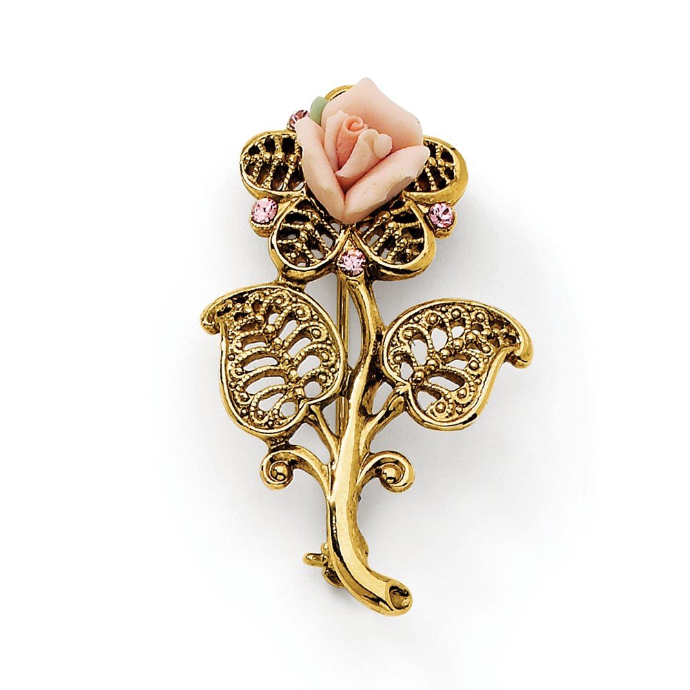 Elegant Gold Tone Pink Porcelain Rose Crystal Brooch Pin - Vintage Floral Jewelry for Women, Perfect for Weddings, Parties & Gift Giving