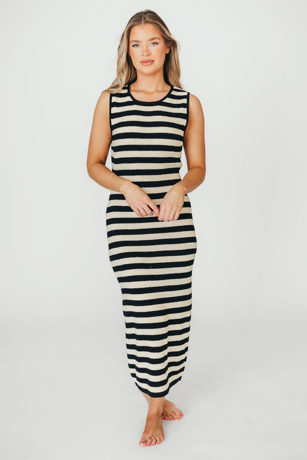Elsie Knit Midi Dress - Black & Natural Stripe | Women's Casual Summer Dress for Beach, Party & Everyday Wear