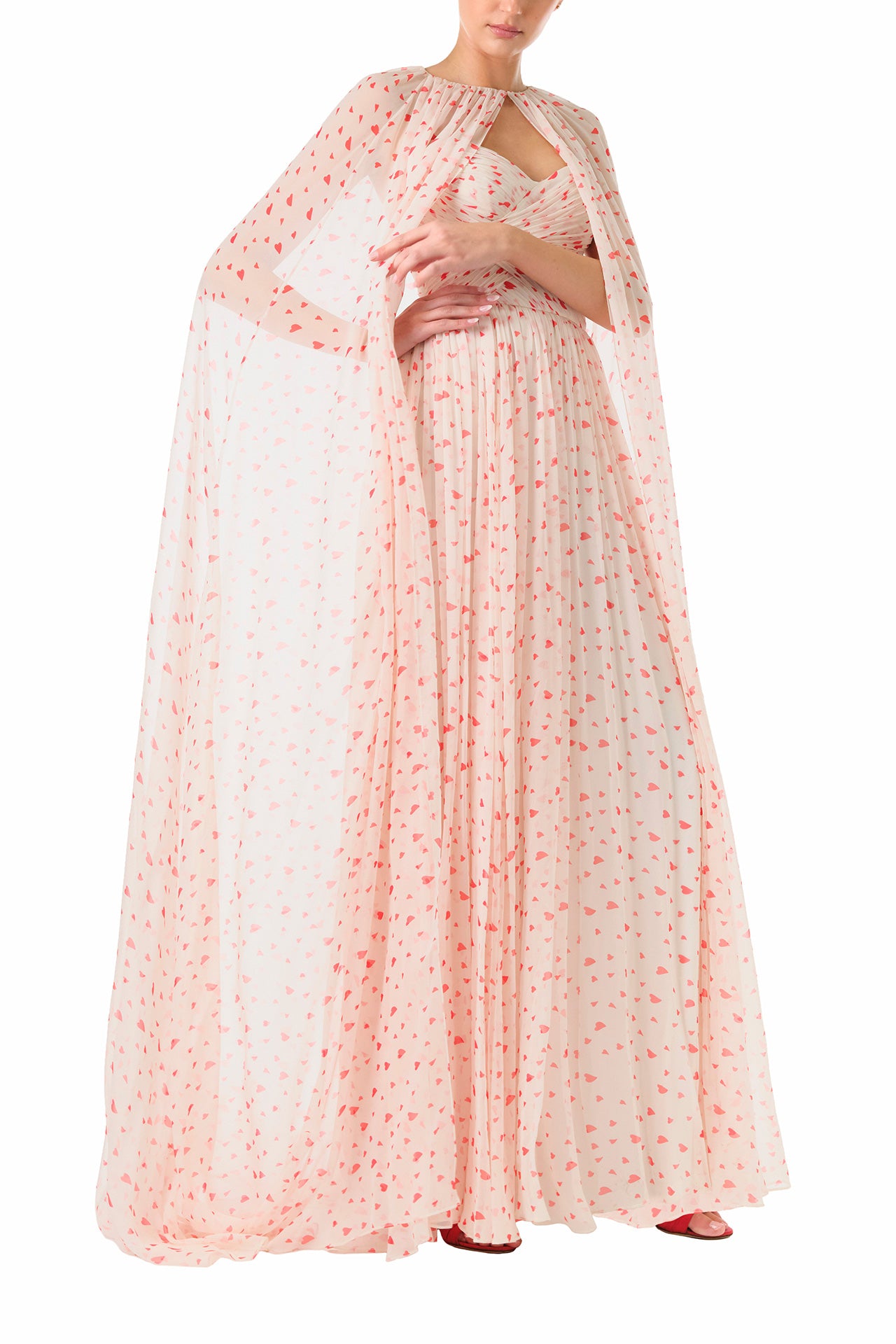 Elegant Heart Print Chiffon Gown for Women - Flowy Long Dress for Evening Party, Wedding Guest, Prom & Special Occasions