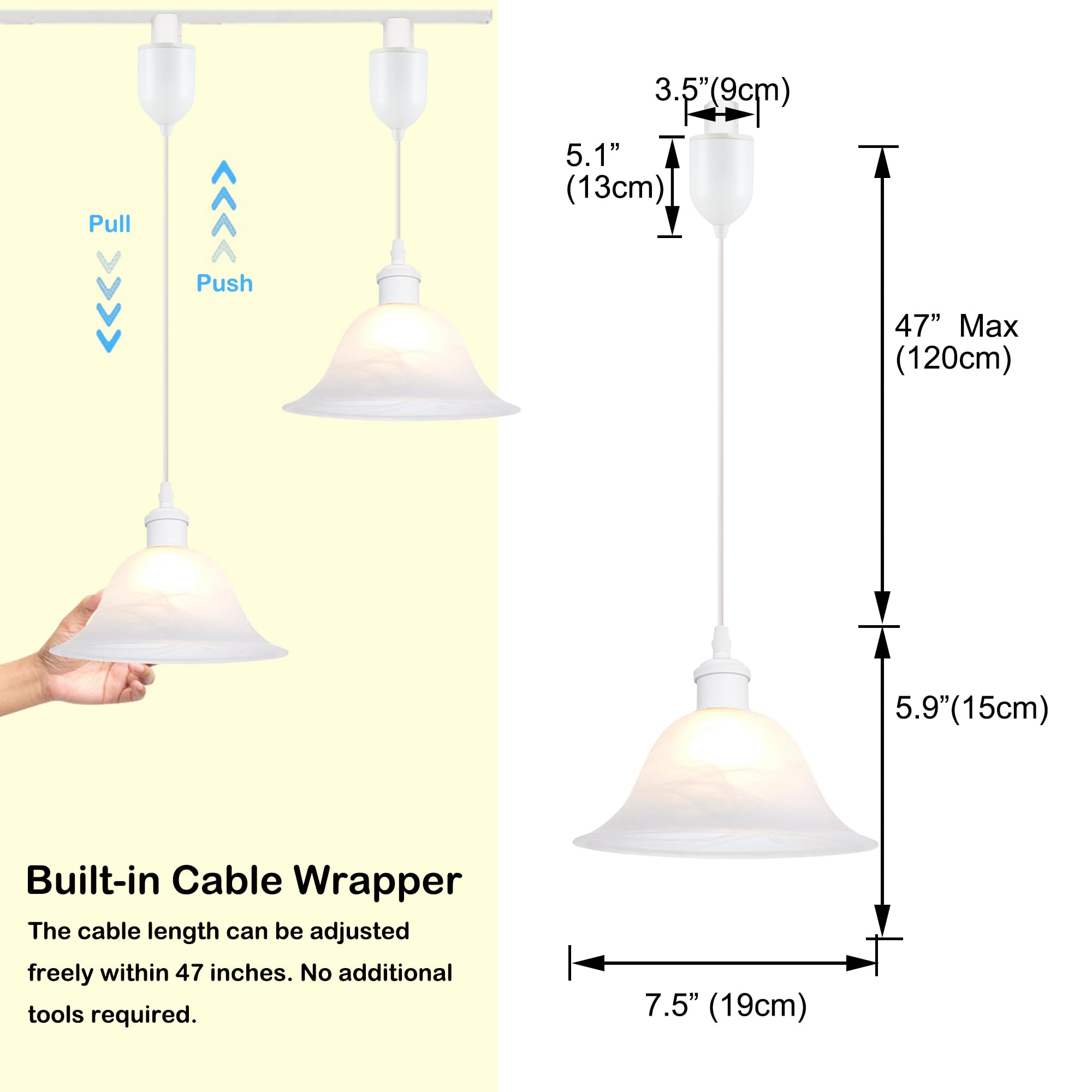 Kiven Adjustable Height J-Type Track Lighting Pendants with Alabaster Glass Shade - Modern 3-Light Fixture for Kitchen Island, Hallway & Dining Room (White) | Energy-Efficient LED Compatible Track Lights for Home & Office