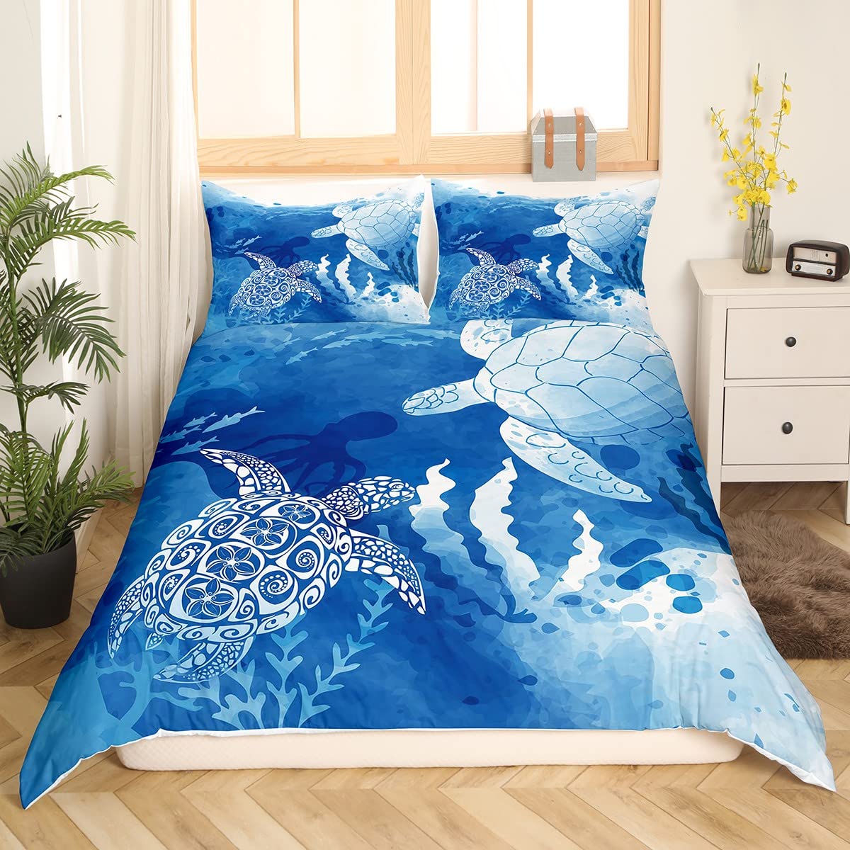 Homewish Twin Size Sea Turtle Duvet Cover Set - Navy Blue Ocean Theme Bedding with Octopus & Seaweed Silhouette - Includes 1 Pillowcase (68x90 Inches) - Perfect for Teen Girls' Room Decor & Underwater Themed Bedrooms