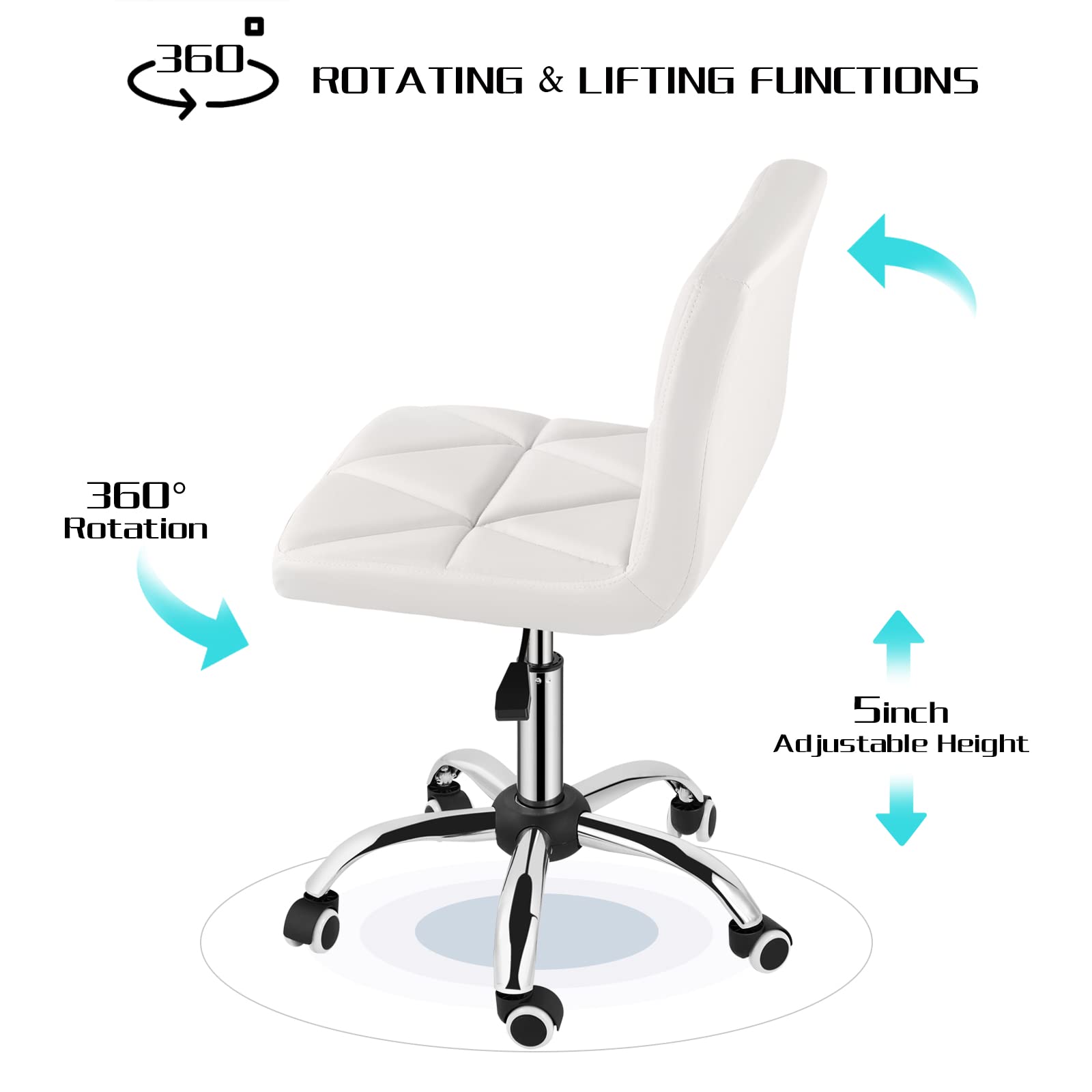 Adjustable Low Back Swivel Office Chair with Rolling Wheels - Armless Executive Desk Chair with Diamond Pattern for Home Office, Computer Work & Barber Shop - White Ergonomic Task Chair for Comfortable Working & Styling