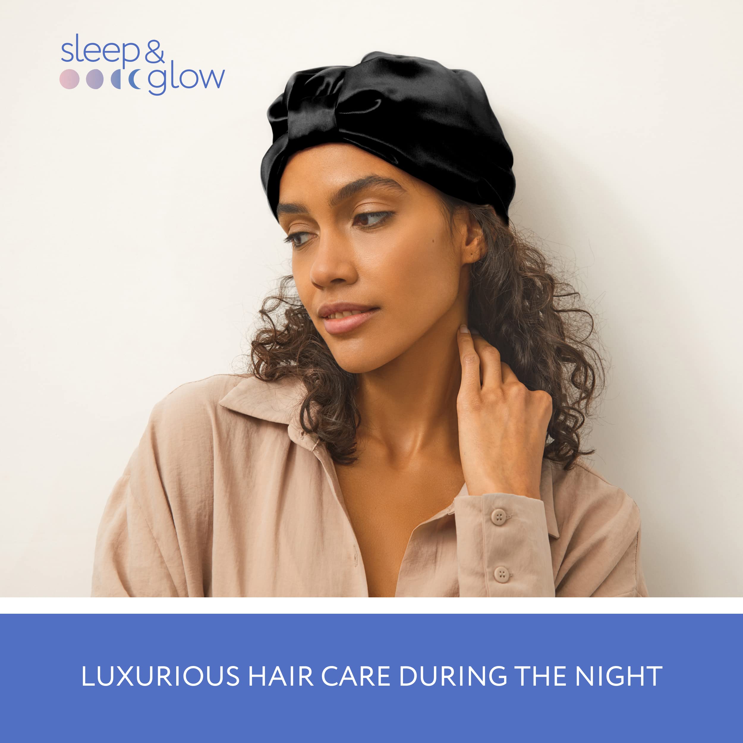 Sleep & Glow Luxury 100% Mulberry Silk Hair Turban for Sleeping - Double Layered Night Hair Bonnet for Healthy Shiny Hair (Black) - Perfect for Bedtime Hair Care & Travel