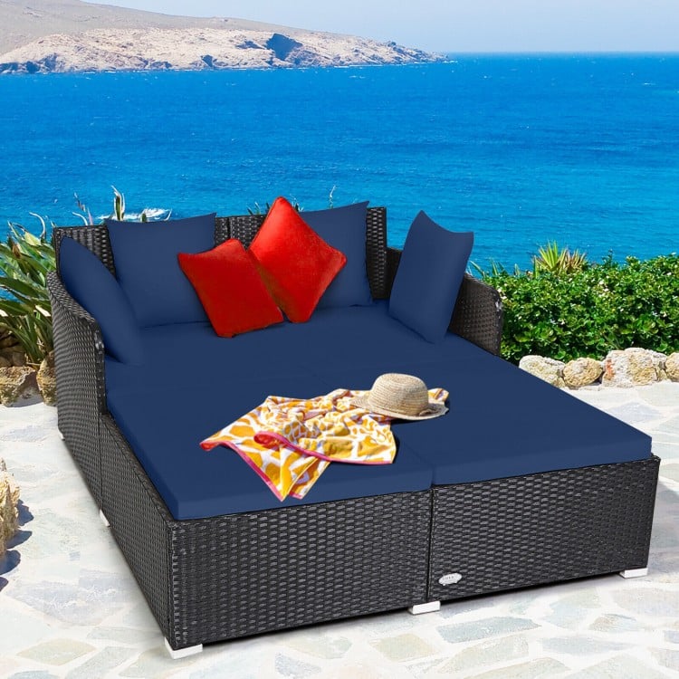 Premium Outdoor Rattan Daybed with Comfortable Upholstered Cushions & Navy Blue Pillows - Perfect for Patio, Poolside or Garden Relaxation