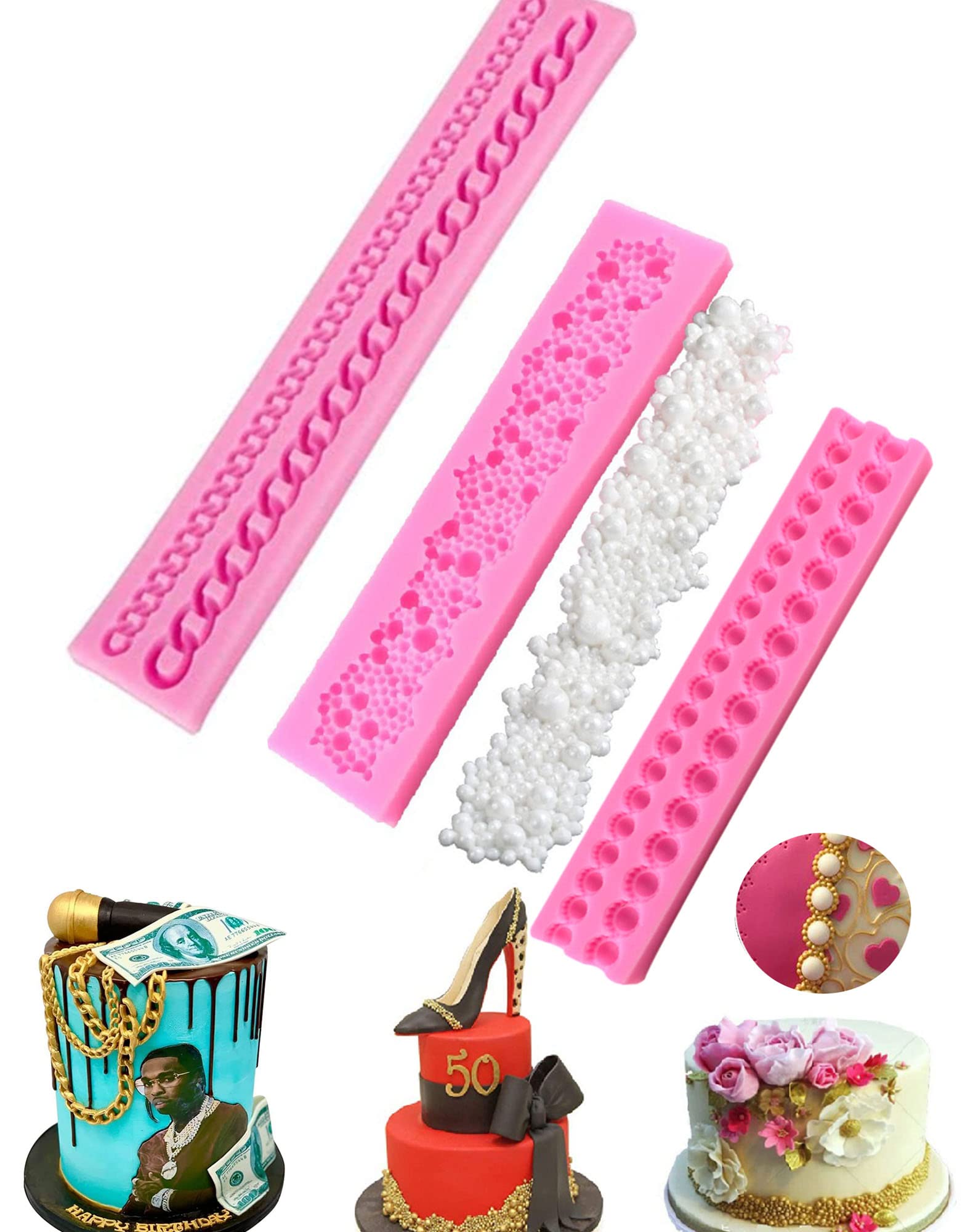 FOUR-C 3-Piece Pearl Chain Fondant & Chocolate Silicone Molds Set for Cake Decorating, Polymer Clay Crafts, DIY Candy Making - Perfect for Birthday Parties, Wedding Cakes, and Homemade Treats