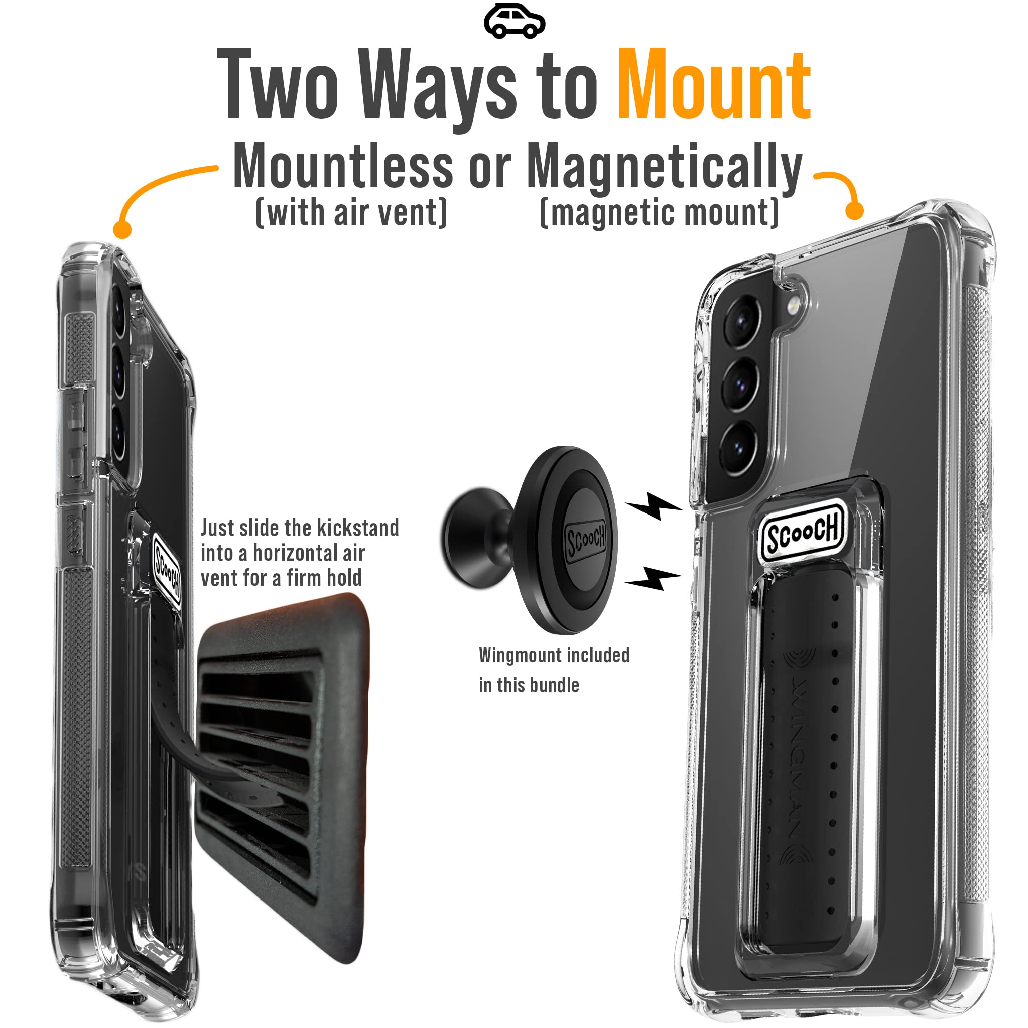 Scooch Wingman Case with Pop Out Car Mount, Grip, and Kickstand for Samsung Galaxy S22 [10 ft Drop Protection] - Compact Magnetic Car Mount & Phone Holder for Safe Driving and Hands-Free Use