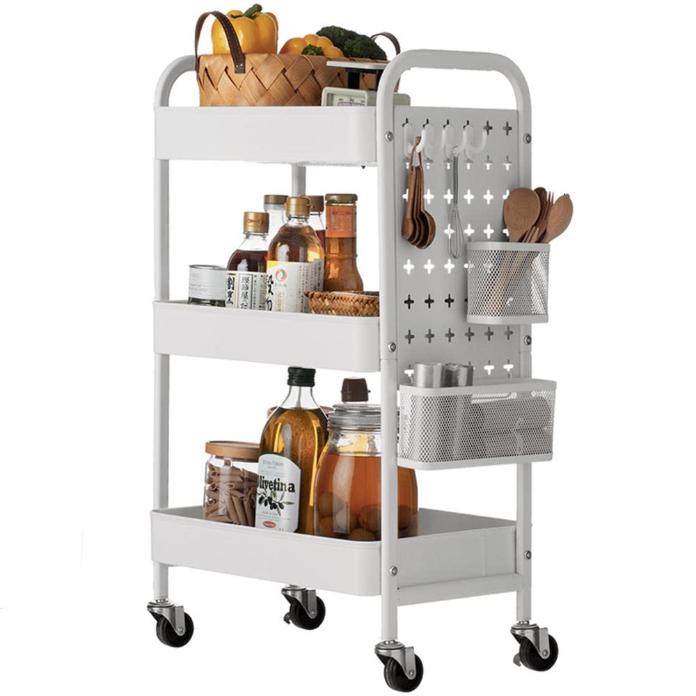 FQYEP 3-Tier Rolling Kitchen Cart with Wheels - White Metal Beverage Cart for Living Room, Bedroom & Kitchen | Mobile Storage Organizer for Drinks, Snacks & Home Essentials