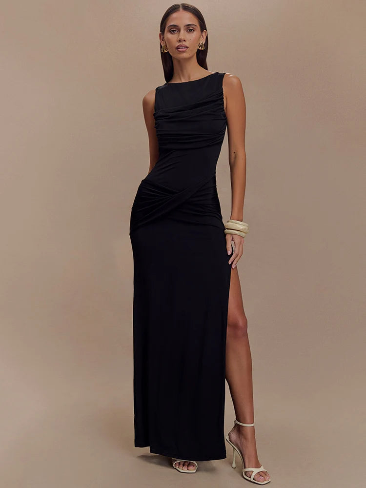 Sexy Backless Ruched Maxi Tank Dress for Women - Elegant O Neck Thigh High Split Bodycon Long Gown | Perfect for Summer Parties, Date Nights & Beach Vacations